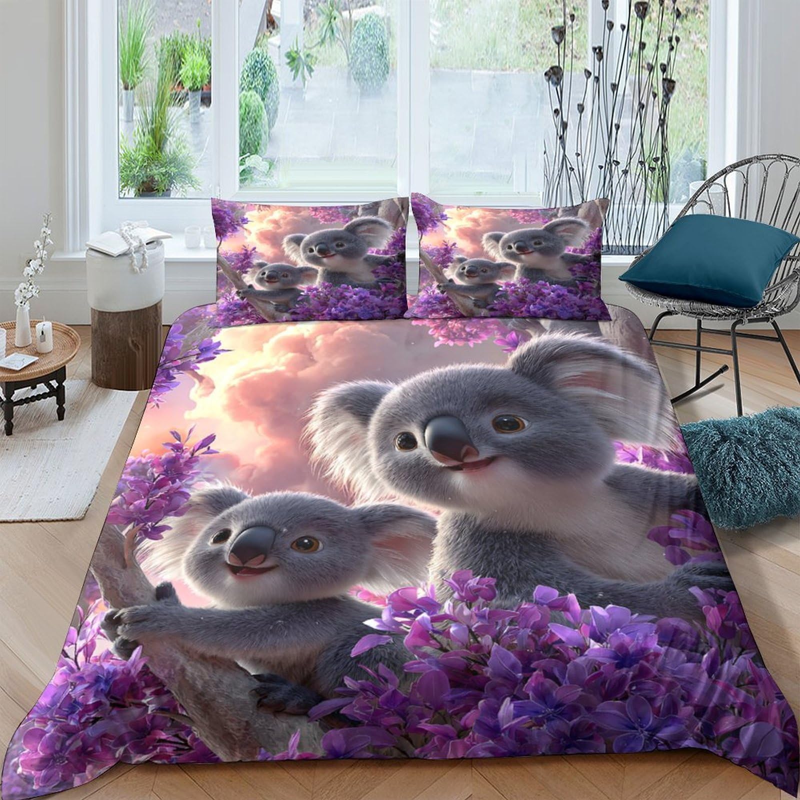 Ctjqhvkz Style-8 3D Printed Cute Koala Fitted Sheet Microfiber Purple Floral Mattress Cover For Bedroom Guest Room Dorm Bed Protection Decor Single（135X200cm）
