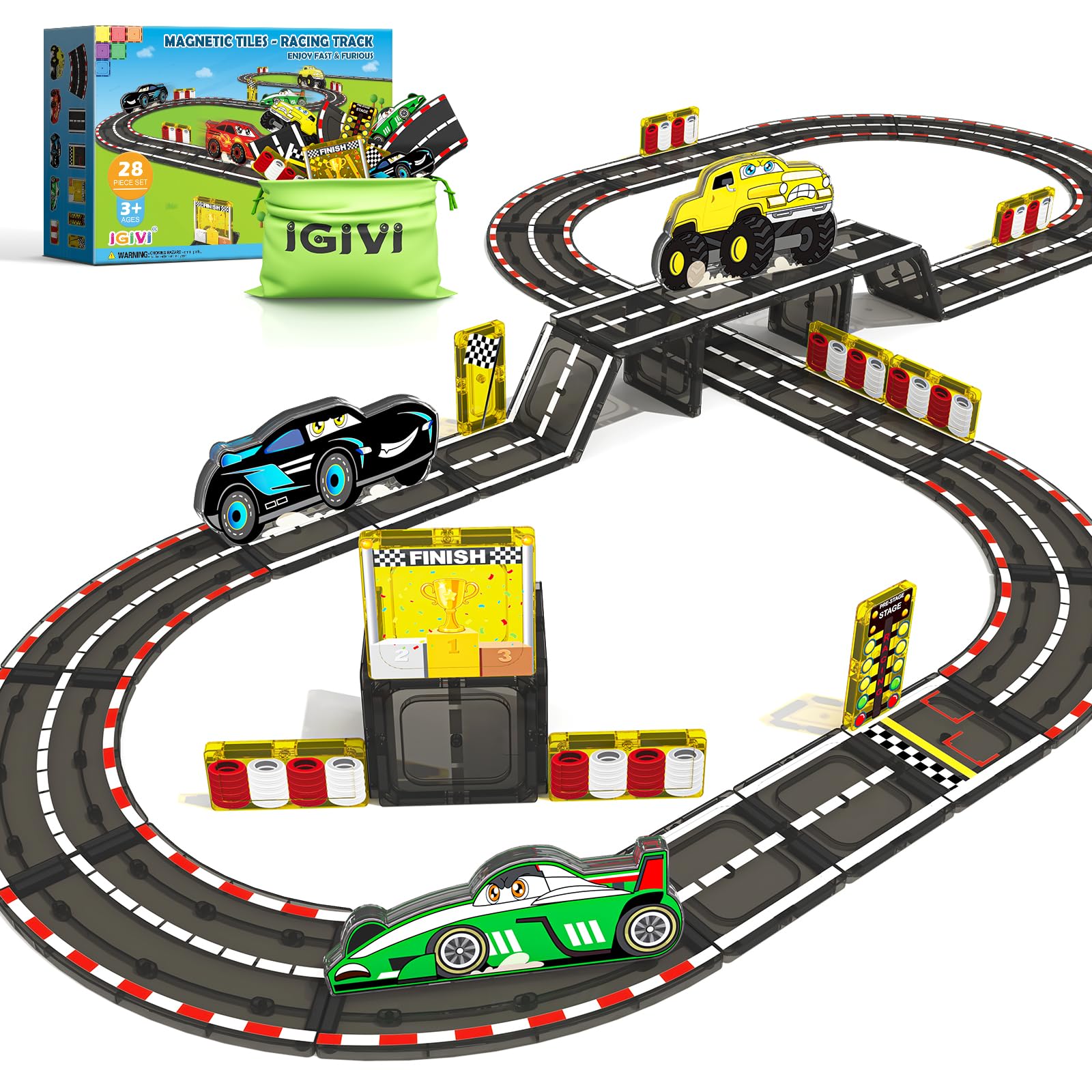 Magnetic Tiles Racing Track & Road Expansion Set with Magnet Car, Magnetic Block Building Toys Games for Toddler Kids, STEM Montessori Toys for 3+ Year Old Boys & Girls, Car Lovers Must Haves
