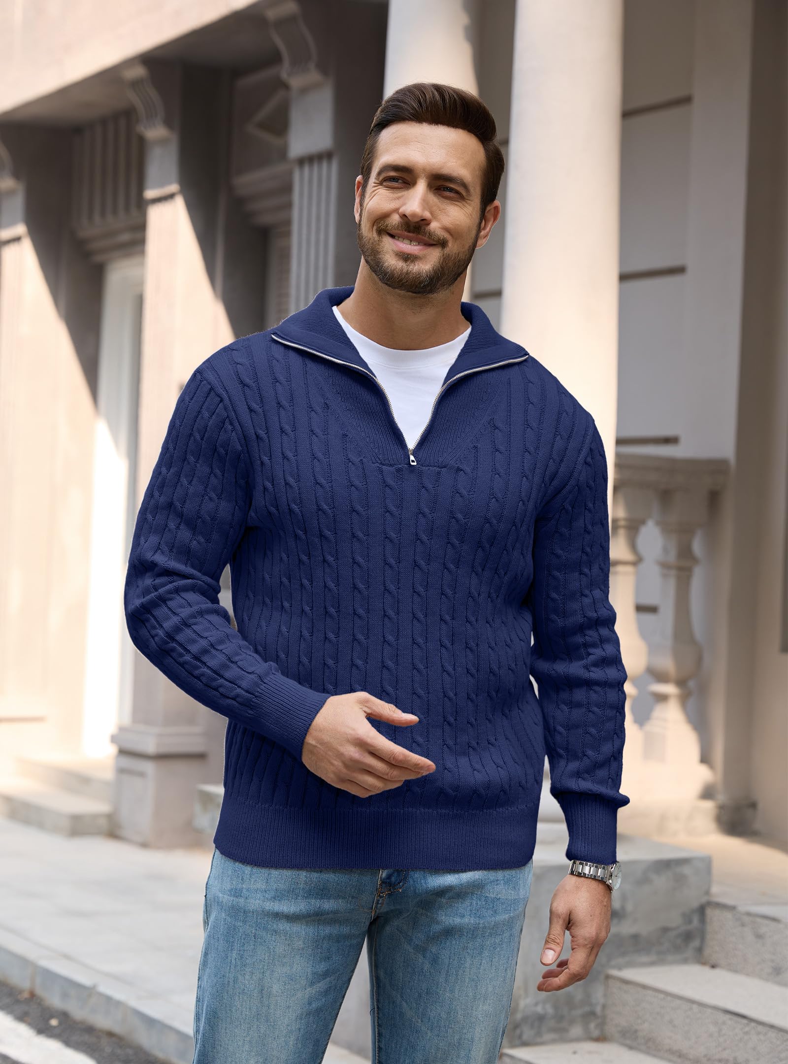 Herren Rollkragenpullover 1/4 Zip Strickpullover Zopfmuster Winter Langarm