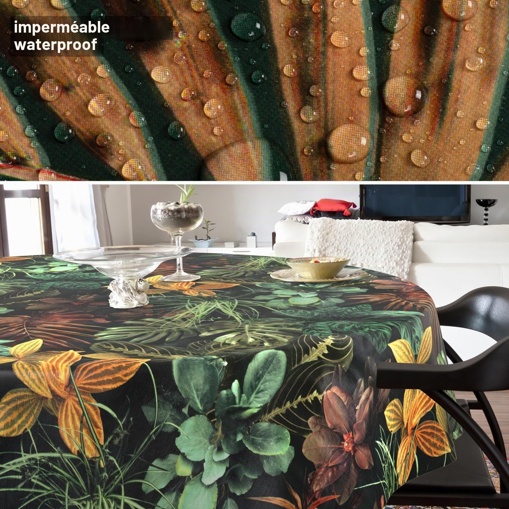 Nappe en Toile cirée Lavable, Facile d'entretien, imperméable, Effet Lotus, Nappe de Jardin, Motif Tropical, Ronde, 140 cm, Bord coupé