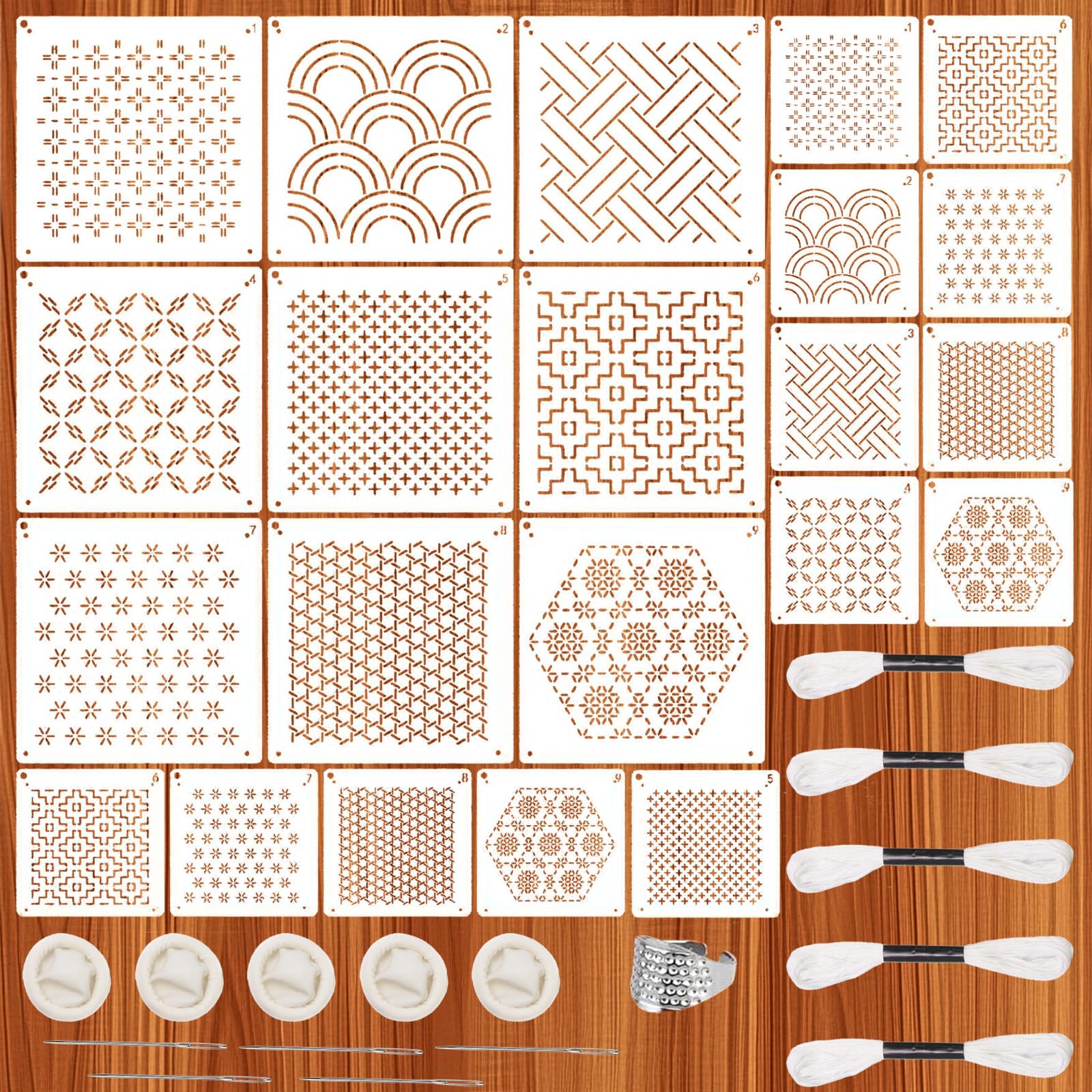 34 Kit di Stencil Sashiko in Plastica, Modelli per Ricamo 9Stili di Stabilizzatori per Ricamo Geometrico Motivo 5 Aghi da Ricamo 5 fasci di Corde Intrecciate 5 Copridita in Gomma e 1 Anello per Dito