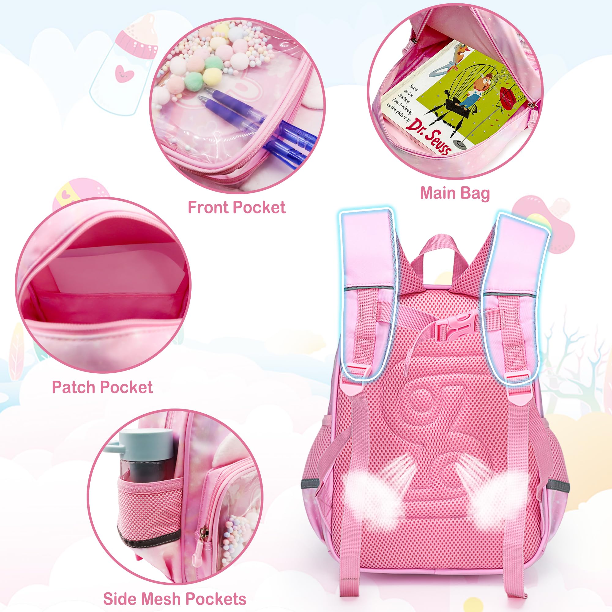 Mochila Infantil Mochila Pequeñas para Niñas Preescolar Escolares Bolsa Impermeable Kindergarten Mochilas Animales Guardería Mochila con Bolsillos Laterales para 2-6 Años Bebe, Rosa Conejo