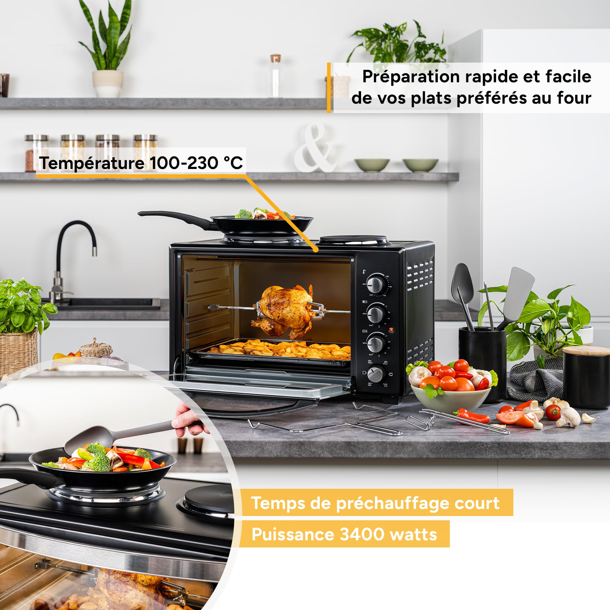 TZS First Austria - Mini-Four avec plaques de cuisson 60L 3200 W - Four à pizza jusqu'à 230°C et 6 modes de chauffage - Four multifonction avec 4 hauteurs d'insertion et accessoires de haute qualité