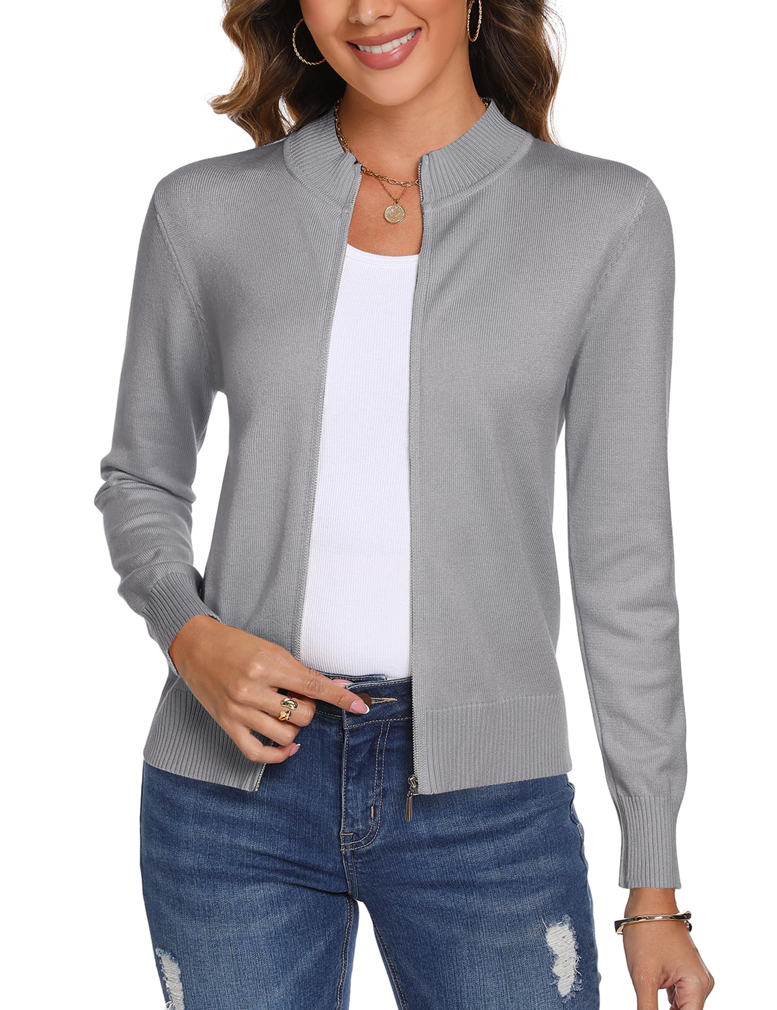 Aottori Strickjacke Damen Stehkragen Langarm Kurz Reißverschluss | Einfarbige Strickoberfläche; kombinierbar mit T-Shirt, Bluse oder Kleid; für Alltag, Büro, Stadt und Reise; Strickmaterial