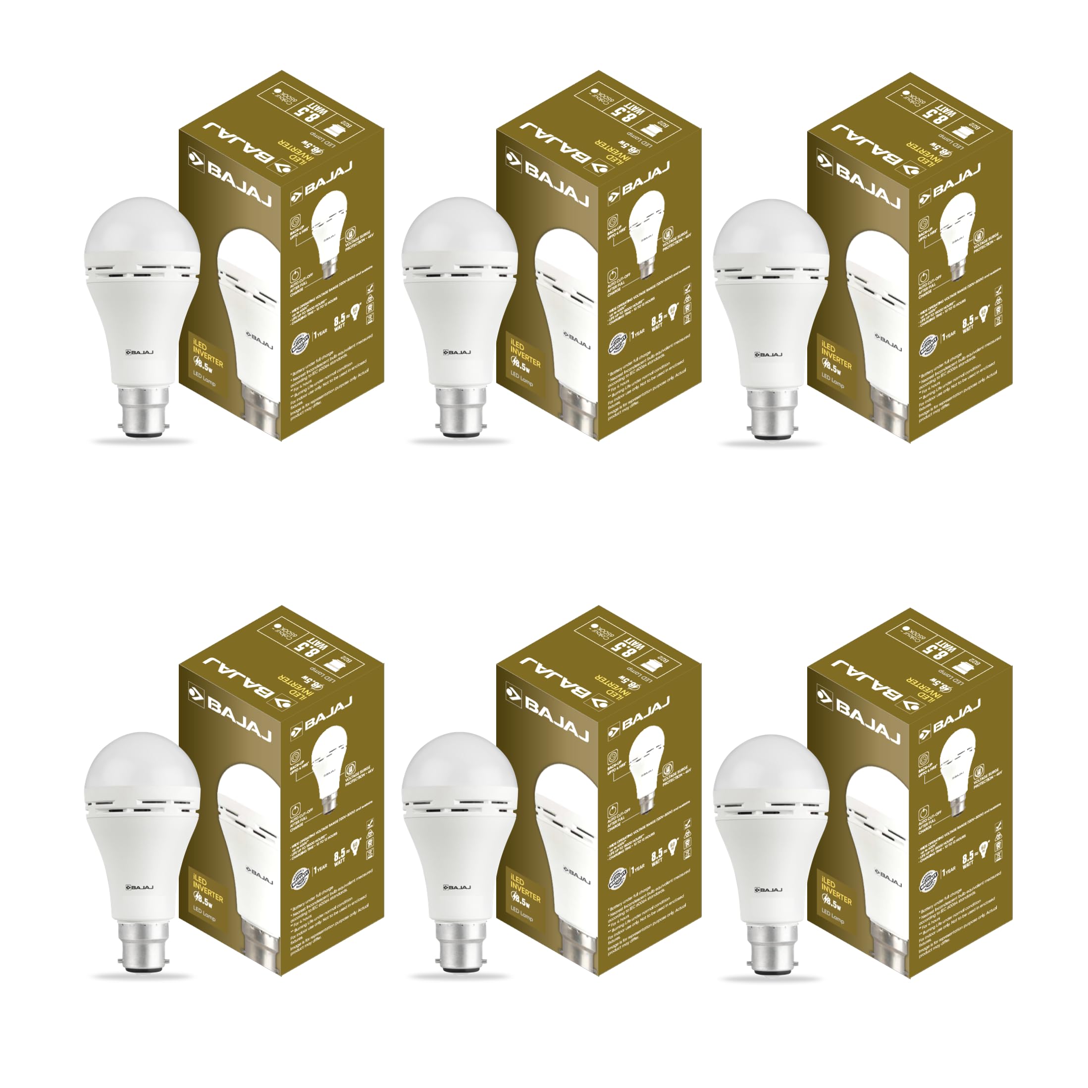 Bajaj iLED 8.5W Rechargeable Emergency Inverter LED Bulb | Cool Day Light | Upto 4 Hours Battery | B22D | (Pack of 6, White)