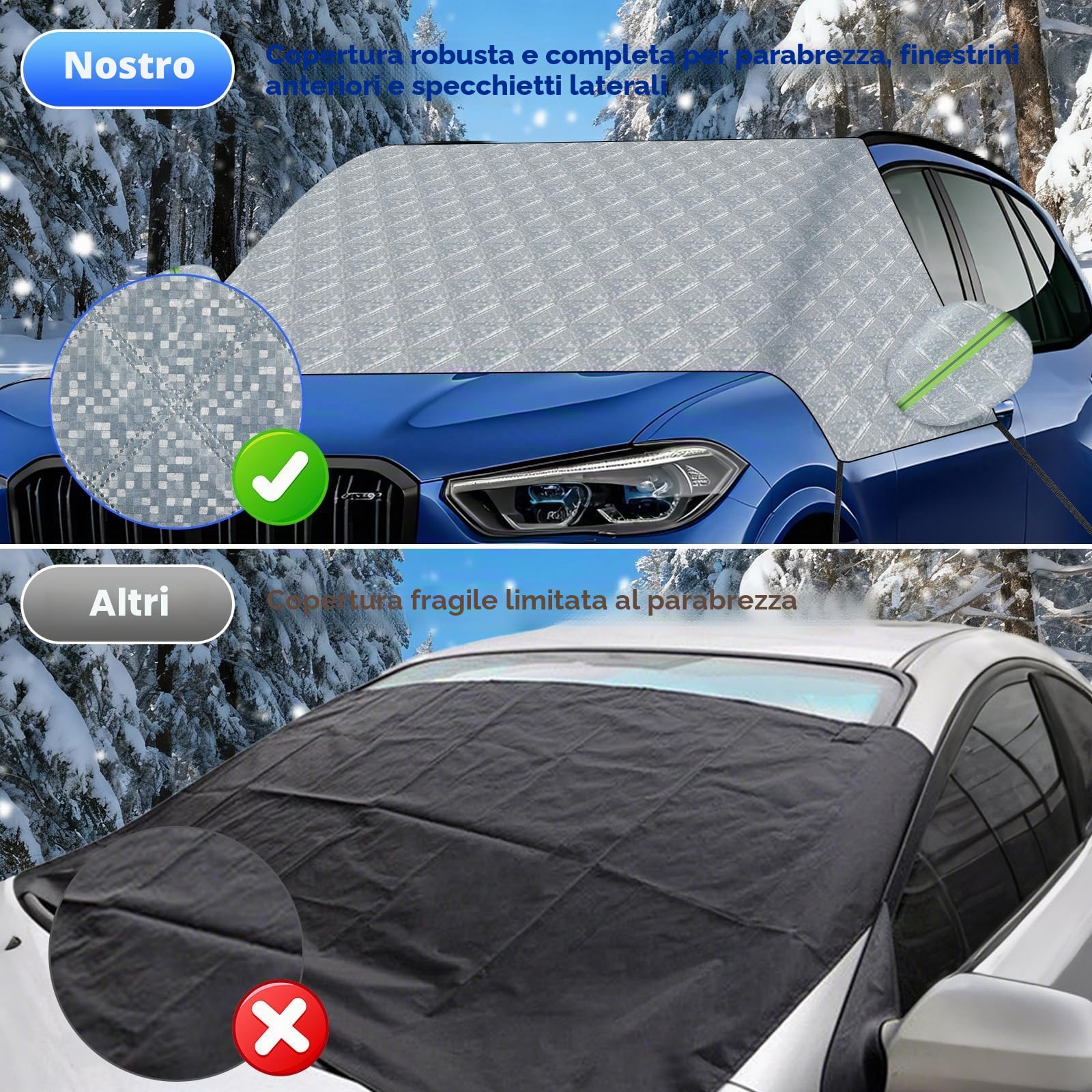 Copriparabrezza Auto Inverno Copri Vetro Auto Ghiaccio Aggiornamento 2025 per Auto Antighiaccio Contro Neve, Ghiaccio, Gelo, Sole UV Adatto la Maggior Parte dei Veicoli 248 * 148cm