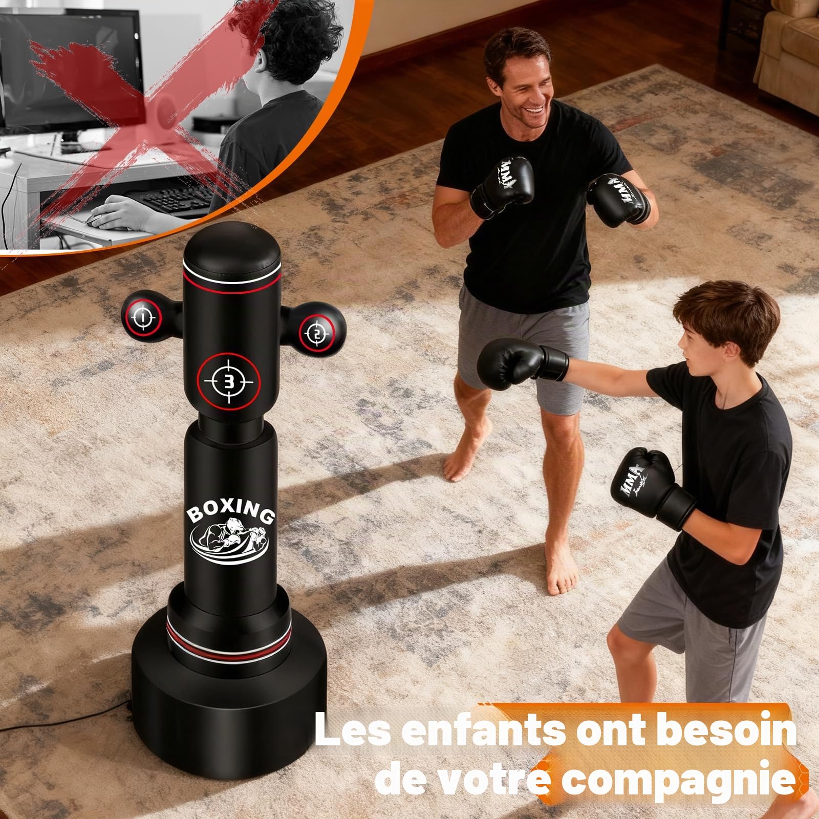 NZQXJXZ Sac de Frappe Adulte 180cm, Sac de Boxe Autoportant avec Gants de Boxe, Pompe, Corde à Sauter et Balle de Réflexe, Sac de Frappe Gonflable pour Hommes pour Entraînement Muay Thai MMA Fitness