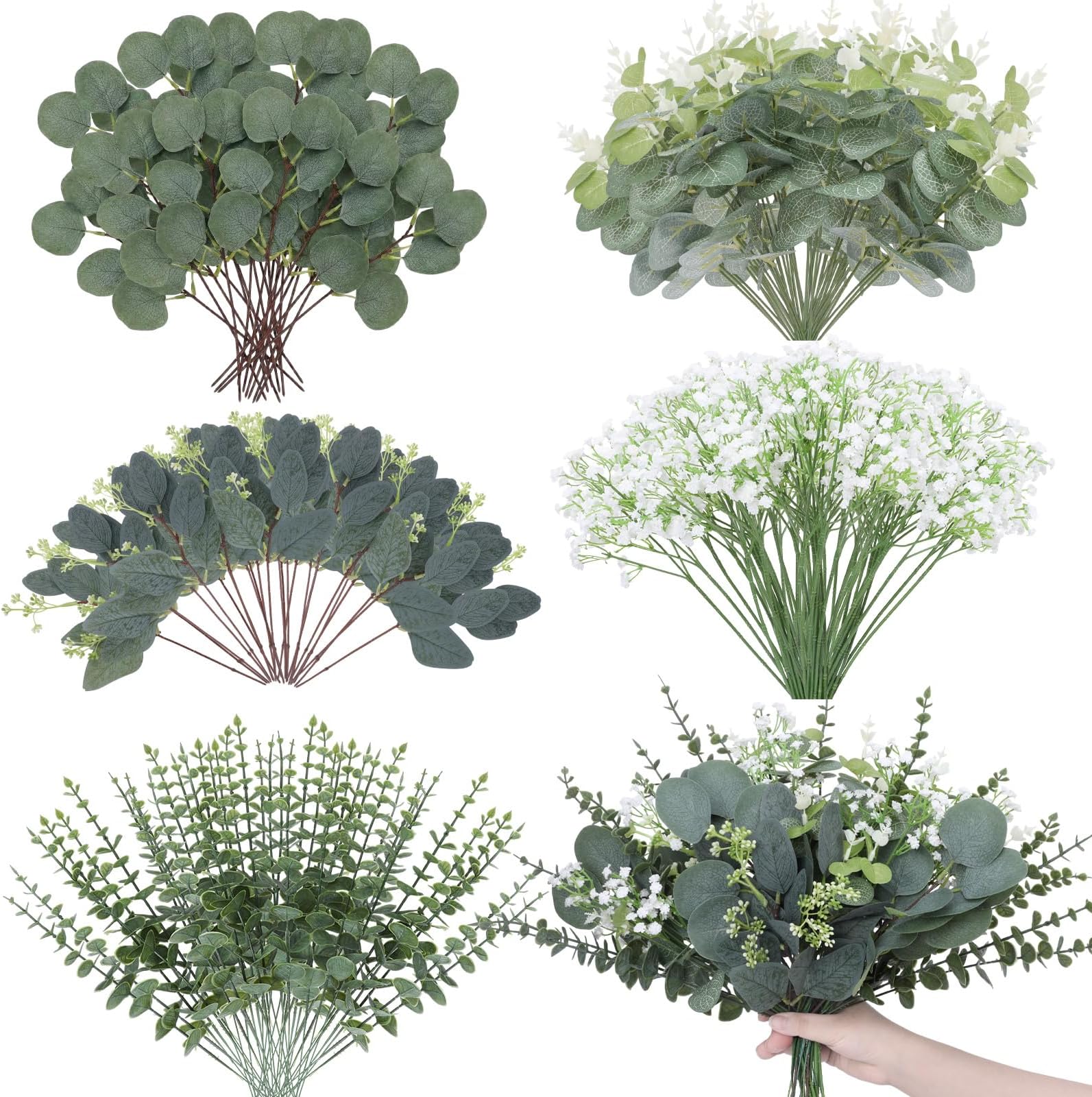 240 Pcs 5 Kinds Mixed Eucalyptus Leaves Stems Artificial Eucalyptus Leaves Bulk Silver Dollar Faux Greenery Picks for Wedding Vase Bouquet Centerpieces Decor