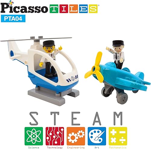 Miniatura 3 de PicassoTiles Figuras de avión + 80 piezas de azulejos magnéticos de diamante + 2 piezas para automóvil, paquete de expansión de 4 imanes de acción