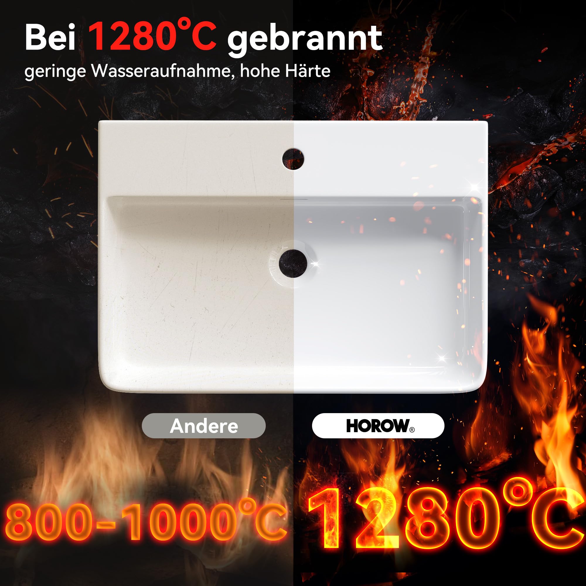 HOROW Lavabo da Appoggio 60 cm Lavandino Bagno Rettangolare Sospeso Moderno, Lavabo Bagno in ceramica con Un Foro per Rubinetto e Troppopieno