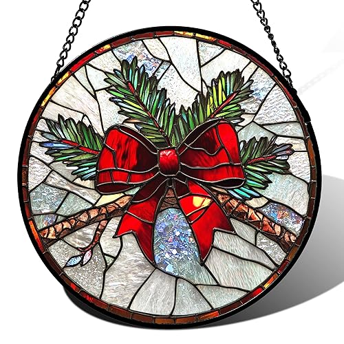 Stained Glass Window Hanging - Pine Branches Red Bow Suncatcher