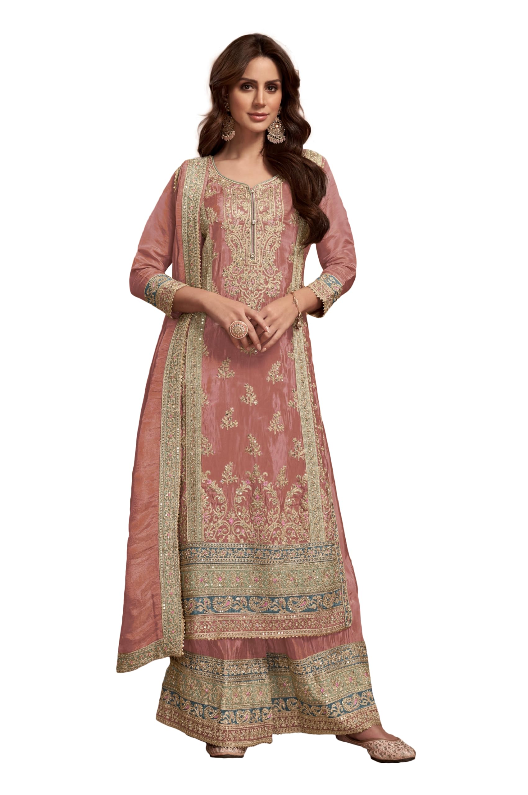 Women's Peach Chinon Stitched Top With Stitched Chinon Bottom and Chinon Dupatta Full Sleeve Embroidered Straight Top (ME-1192)