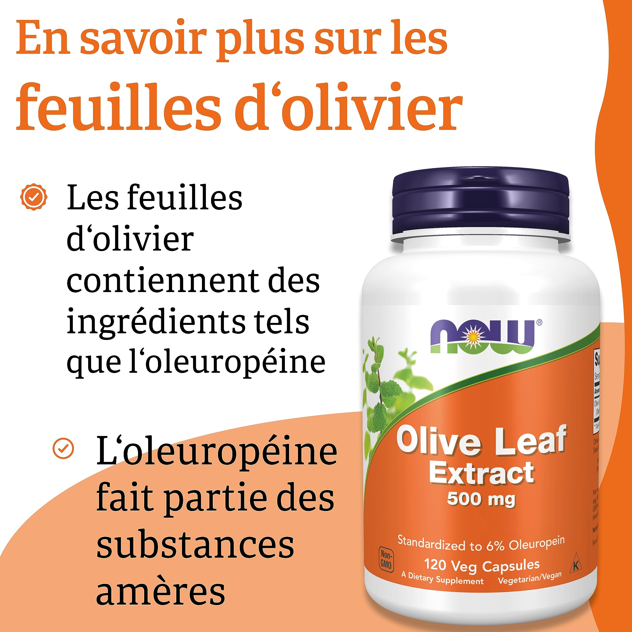 Now Foods, Olive Leaf Extract (Extrait de Feuille d'Olivier), 500mg, 120 Capsules végétaliennes, Testé en Laboratoire, Sans Soja, Sans Gluten, Végétarien, Sans OGM