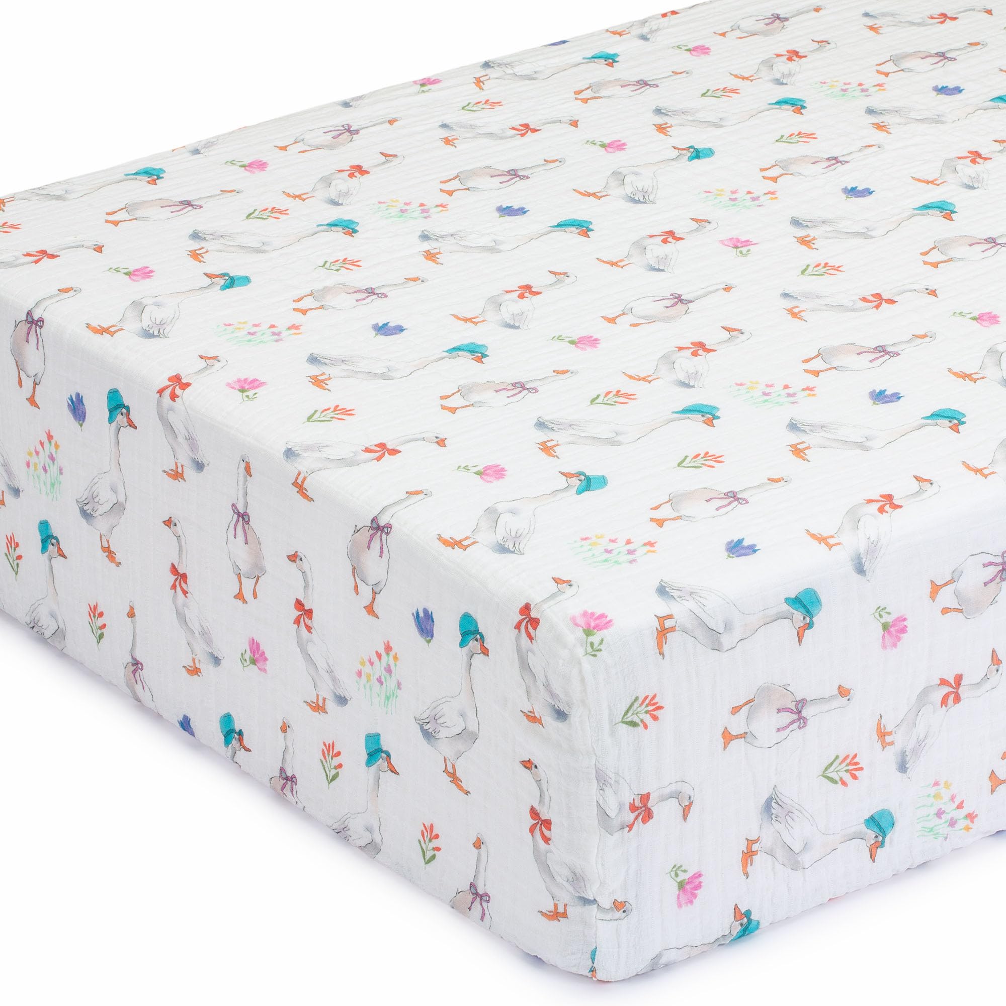 LollyBanks Crib Mattress Sheet 1 Pack, 100% Cotton Baby Crib Sheets, Soft and Breathable Muslin Sheets for Baby Girls, Snug Fitted Sheet for Standard 52"x28" Mattress, Registry (Goose Print)