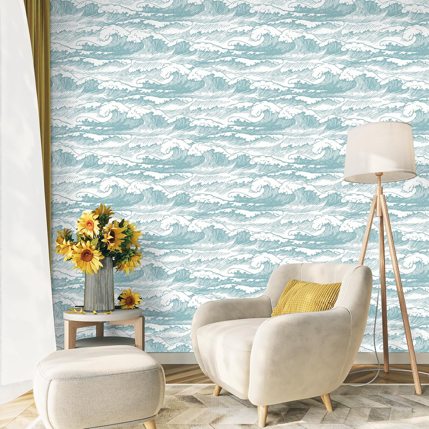 VaryStyle 17.7"x118" Vintage Wave Wallpaper Blue/Beige Ocean Coastal Peel and Stick Wallpaper Hand Drawn Stormy Waves Contact Paper for Cabinets Self Adhesive Stick on Wallpaper for Bathroom Bedroom