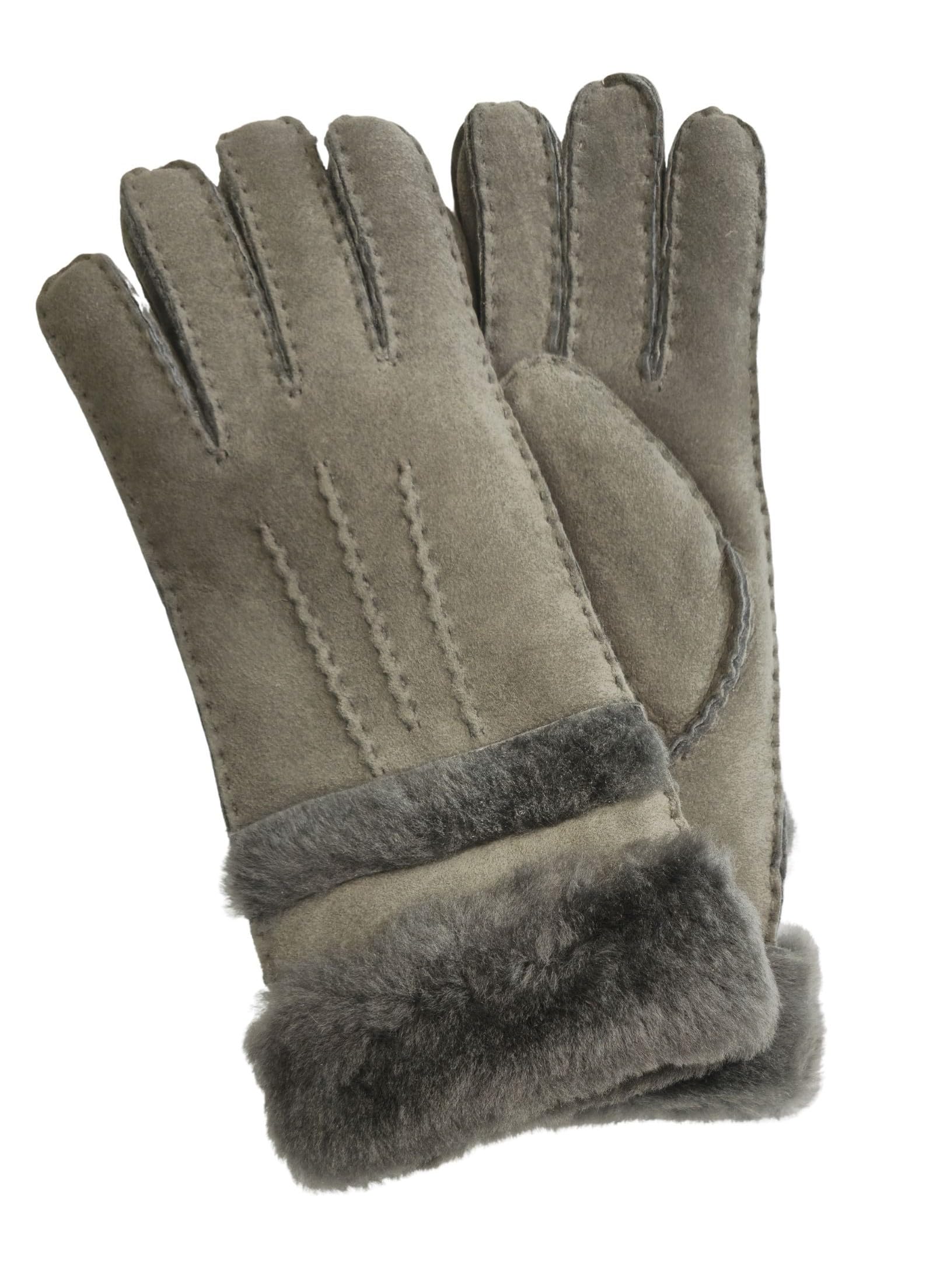 Infinity Leather Womens Grey Sheepskin Suede Gloves with Roll Up/Down Cuff
