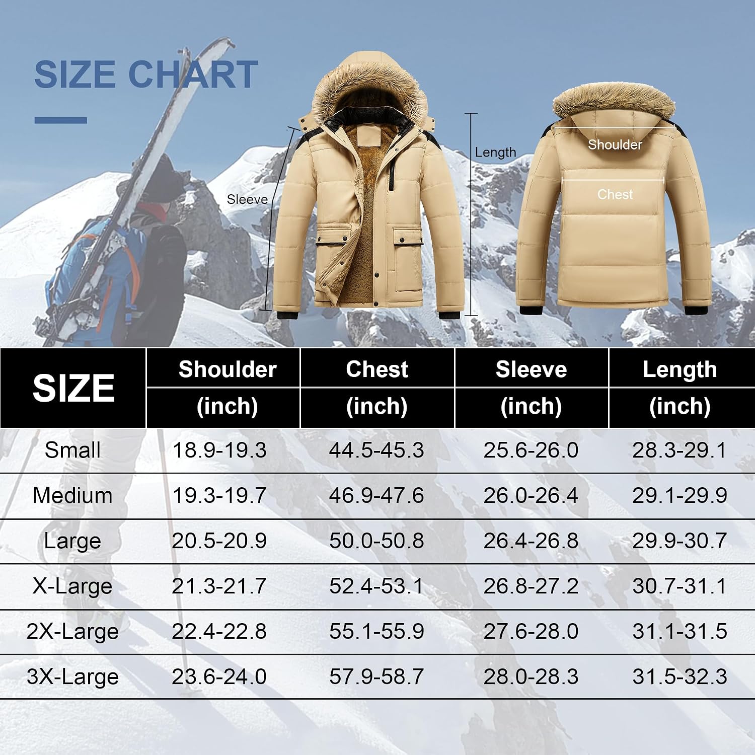 Men's Winter Jacket Mountain Windproof Hiking Hooded Warm Snow Coat Multi Pockets