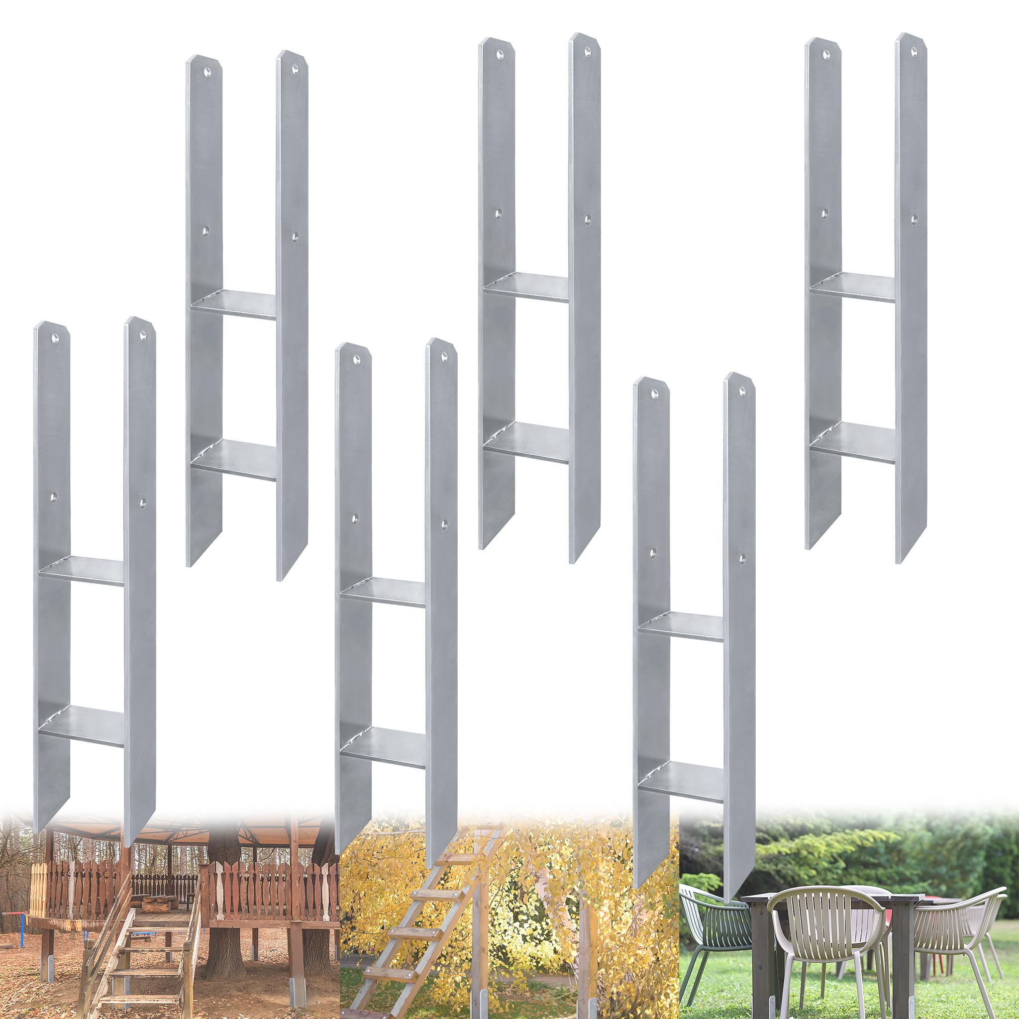 6 Stück H-Pfostenträger H-Anker - 91x600mm Rostfreier Stahl mit Pulverbeschichtung | Wetterfeste H-Anker für Zaun & Terrassendach | 5mm starkes Pfostenanker-Set für den Außenbereich