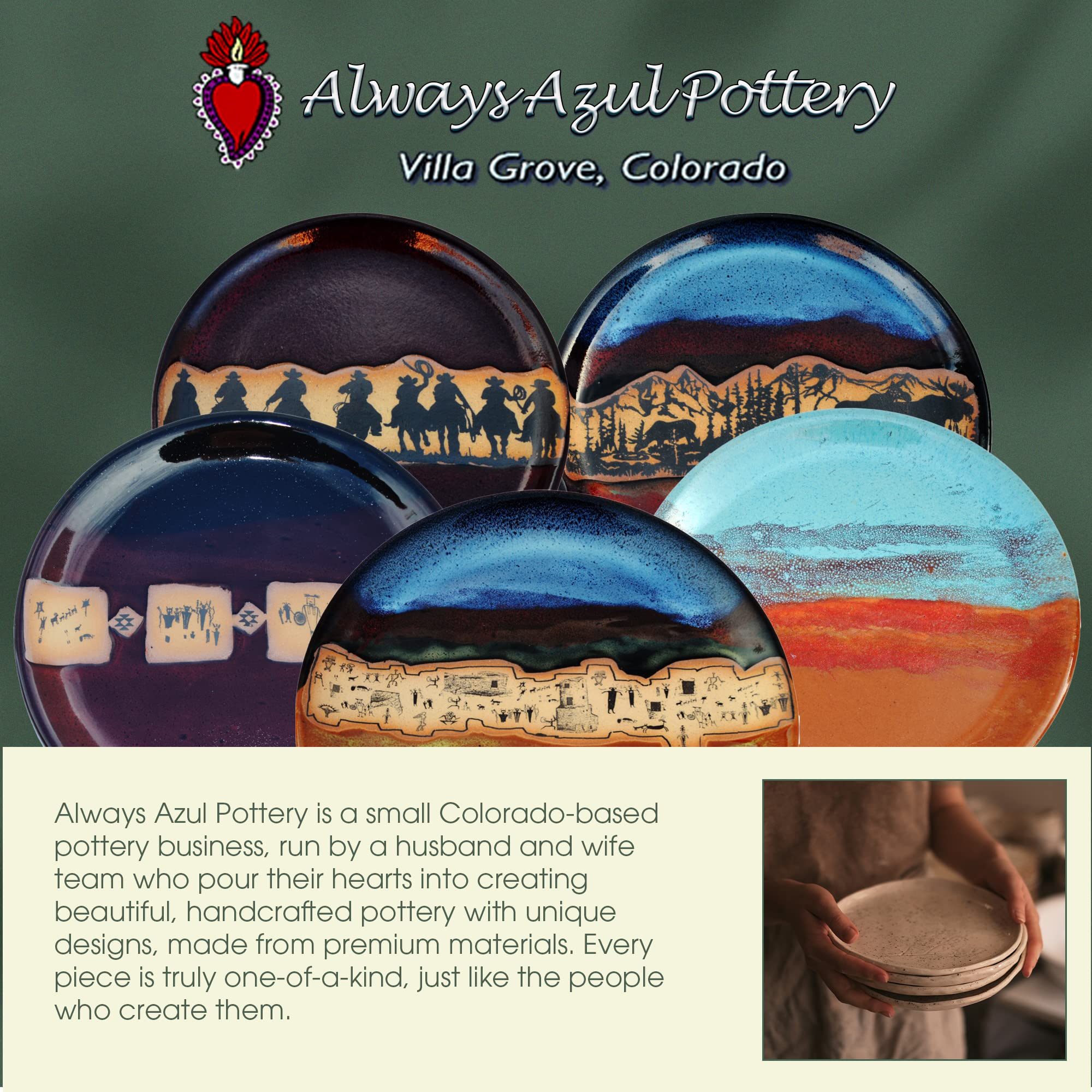 ALWAYS AZUL POTTERY Centered Wild Horses Plate in Azulscape Glaze - Handmade Dinnerware - Glazed Dinner Plate Stoneware - Traditional Dishware - Great for Home Made Meals, Table Settings, and Picnics