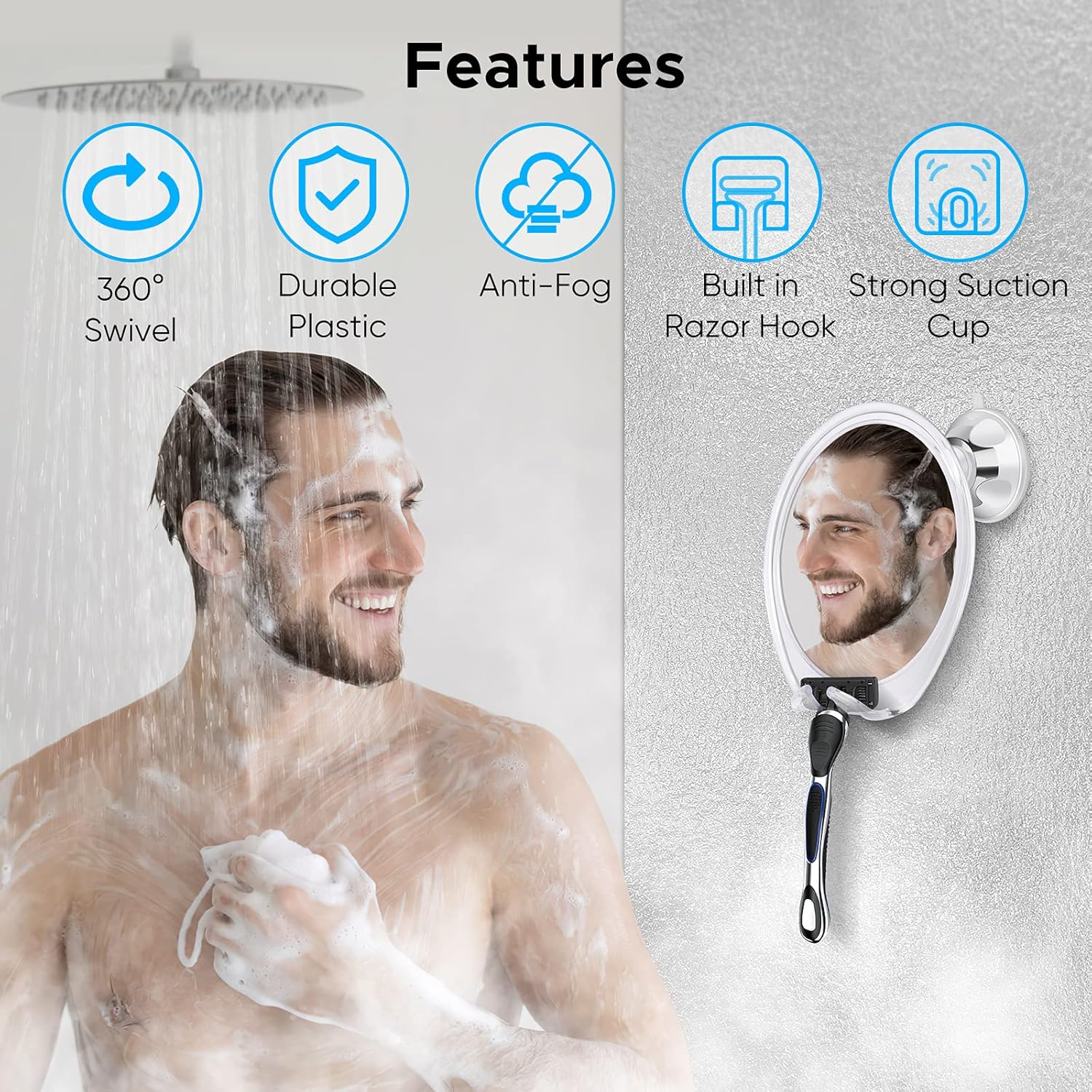 Onemango Shower Mirror, Fogless Bathroom Shaving Mirror with Razor Hook, 360° Swivel Suction Portable Shower Makeup Mirror -