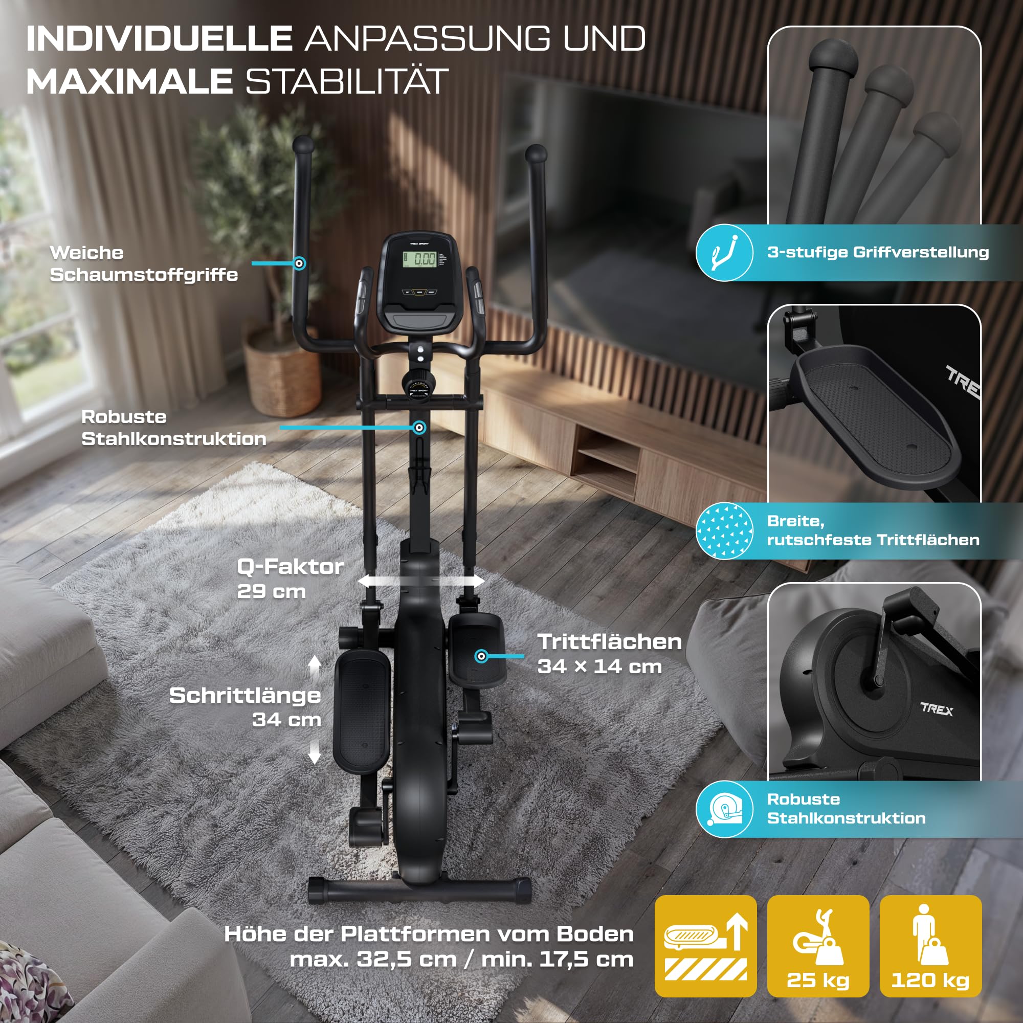 TREX SPORT Crosstrainer für zuhause SINER bis 120kg 16-stufiger Widerstand