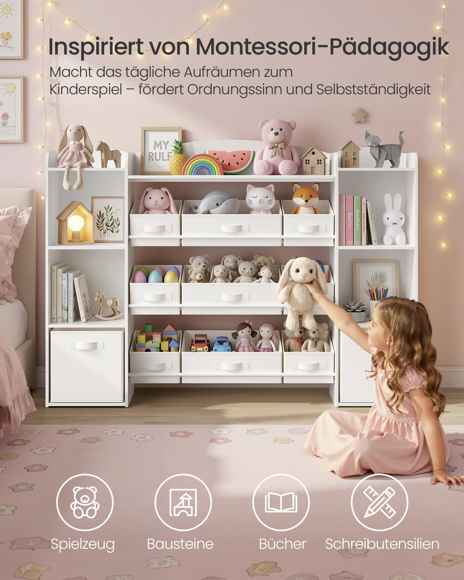 SONGMICS Kinderregal, Spielzeug Aufbewahrung, Spielzeugregal, Montessori Regal, 4 offene Fächer, 9 mittlere und 2 seitliche Boxen, für Kinderzimmer, 30 x 143,8 x 104 cm, wolkenweiß GKR062WB01