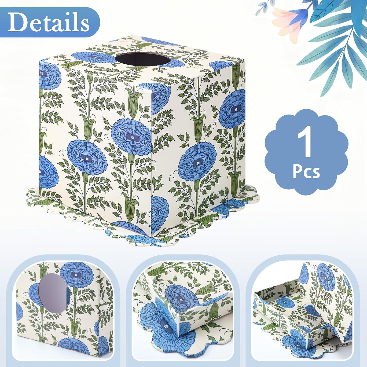 Blue Paper Mache Tissue Box Cover Floral Print Tissue Box Decorative Square Napkin Holder for Grand Millennial Home Bedroom Countertop Night Stands Office Country Decor - Image 3