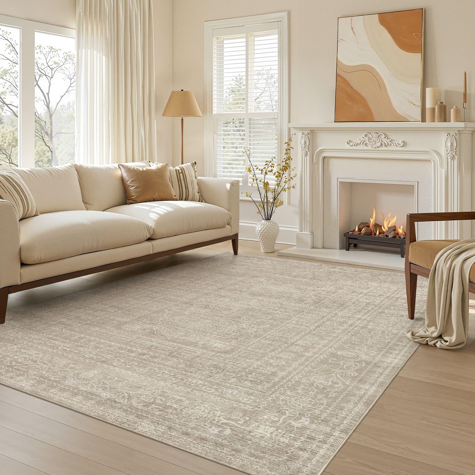 5x7 Area Rugs Living Room: Washable Large Vintage Beige Rug Neutral Non-Slip Soft Stain Resistant Indoor Carpet for Bedroom Nursery Dining Room Under Table Bed Home House Office Playroom — view 20