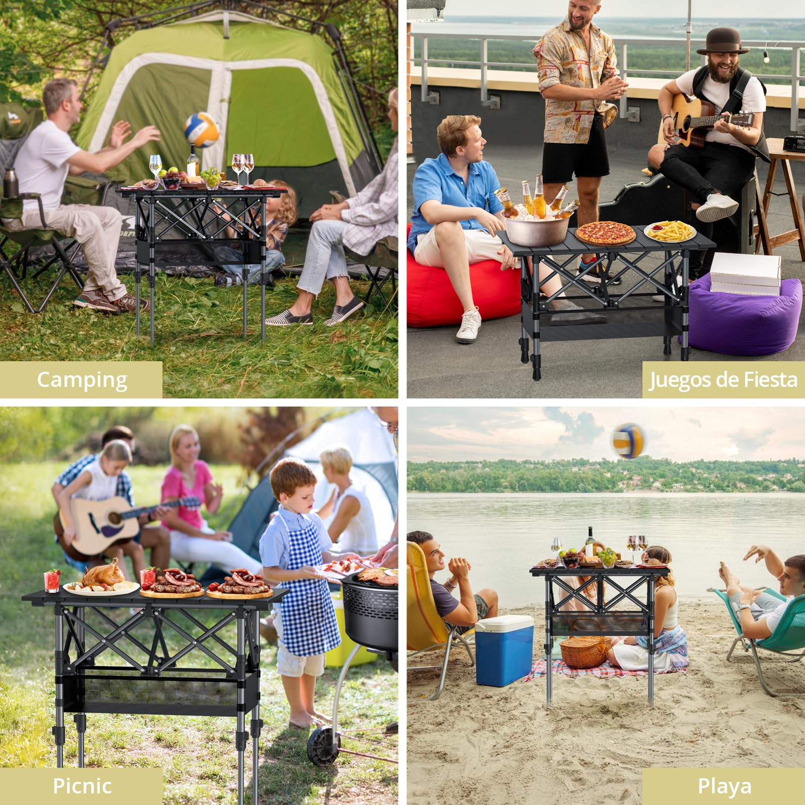 Anbte Mesa Plegable Camping 64 x 40 x 44/70cm, Mesa de Acampada Portátil | Aluminio Impermeablepara Picnic Playa Oficina Balcón Interior-Negro