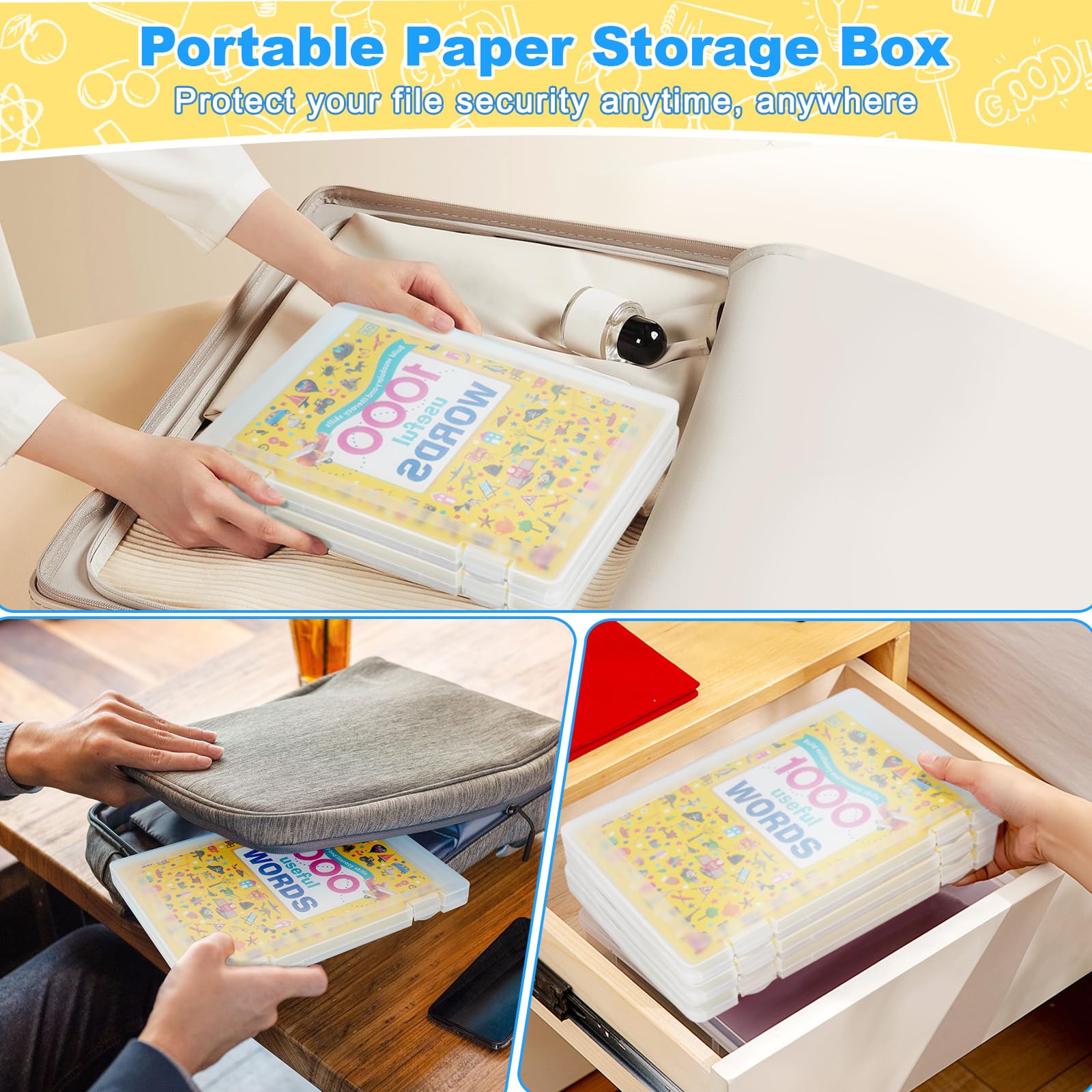 Paquete de 4 cajas de archivos A4, organizador de papel, estuche transparente para proyectos de documentos, caja de almacenamiento de papel de plástico, protector de archivos para revistas