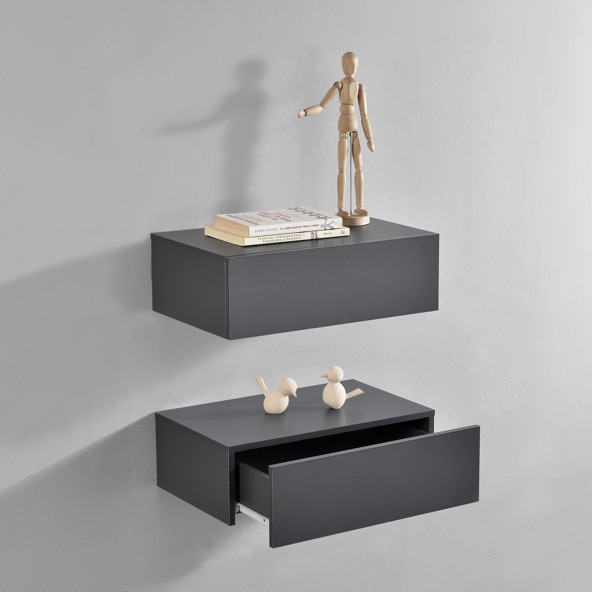 Set de 2 Mesitas de Noche de Pared con cajón - Gris Oscuro - 46x30x15cm