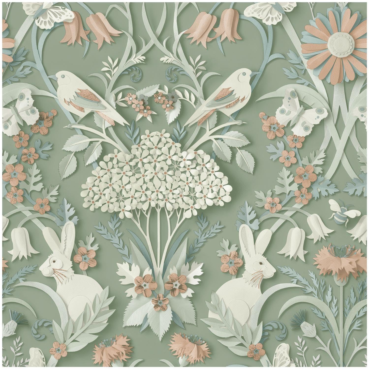 Full Roll - Woodland Mint Green Pink Wallpaper - Animals Floral Natural 10.05m x 53cm Roll - Contemporary Sophisticated Versatile - Bedroom Dining Room Living Room Forest Sage Rabbits