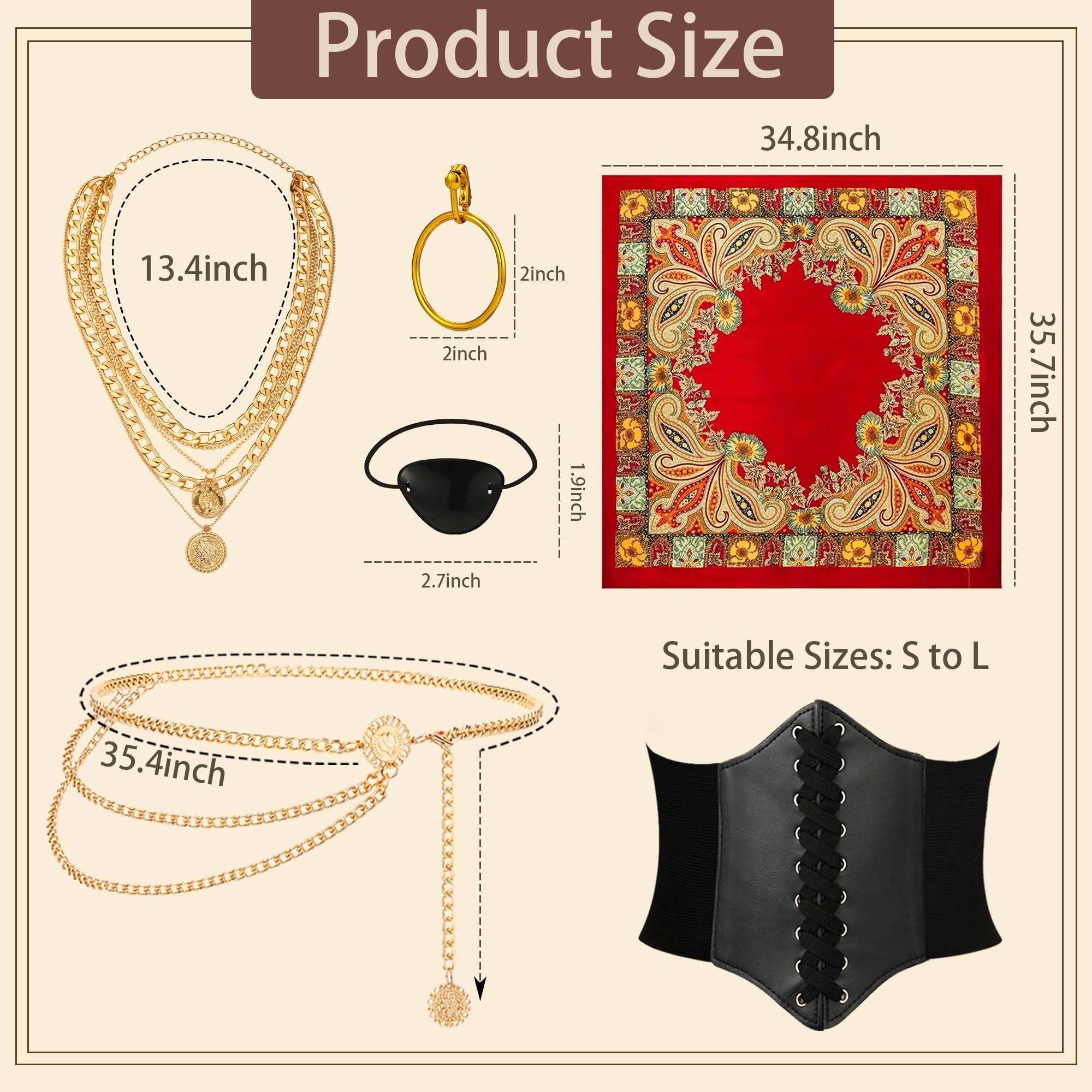 Pirate Accessories Costume Set for Women Pirate Head Scarf Neckalce Earrings Corset Belt Waist Chain Eye Patch Halloween Red - Image 4