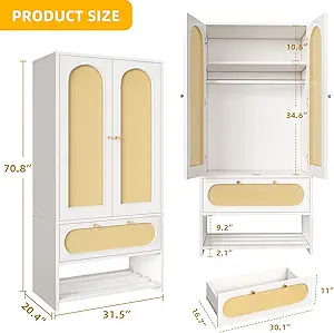 DWVO Rattan Wardrobe Closet - 70" Tall Rattan Closet with Doors, Large Armoire Storage Cabinet with Drawers & Hanging Rod/Bedroom Armoire - White