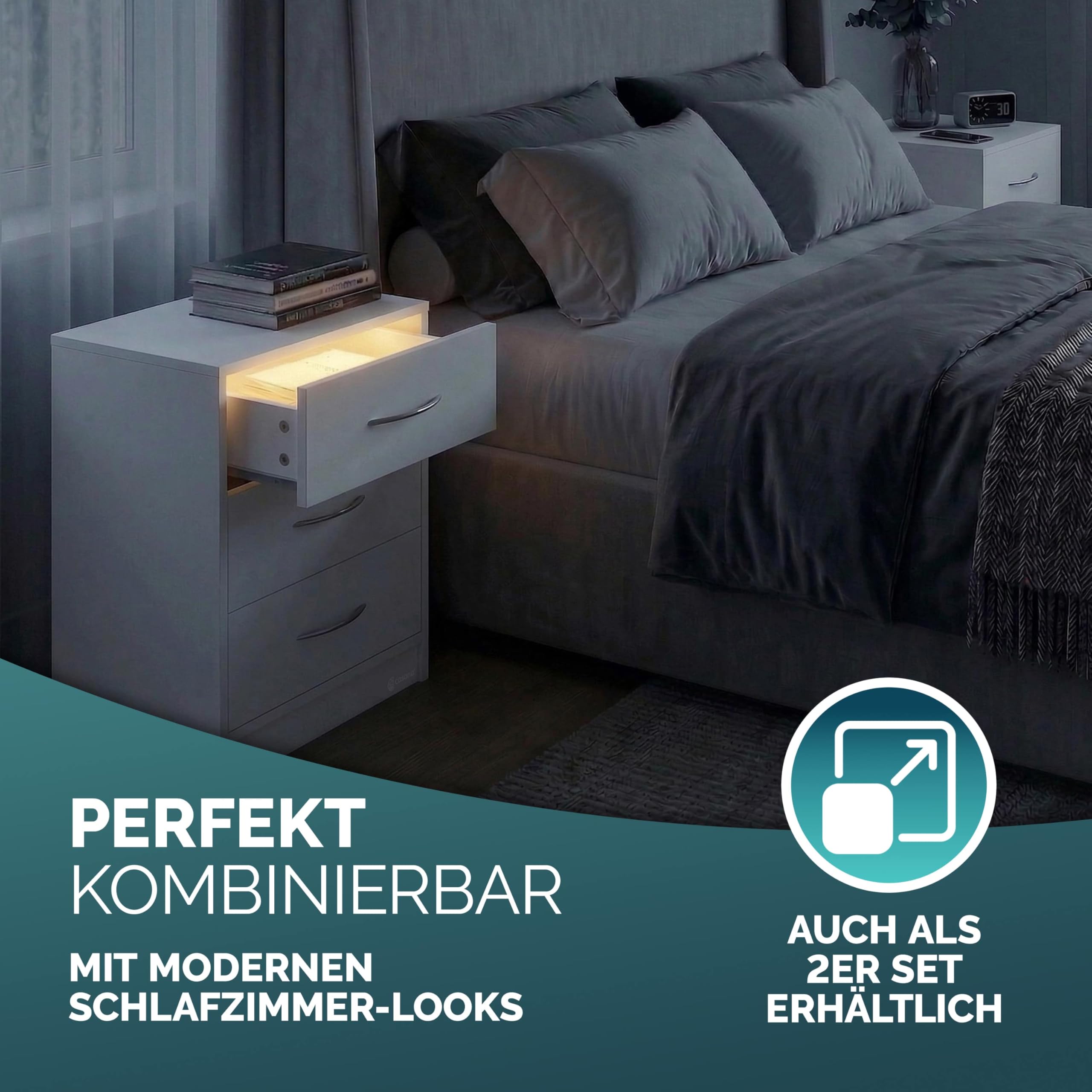 Casaria® Nachttisch Weiß LED 3 Schubladen Kabelführung Wandbefestigung Boxspringbett Schlafzimmer Nachtschrank Nachtkonsole Nachtkommode Holz 54x39x28cm