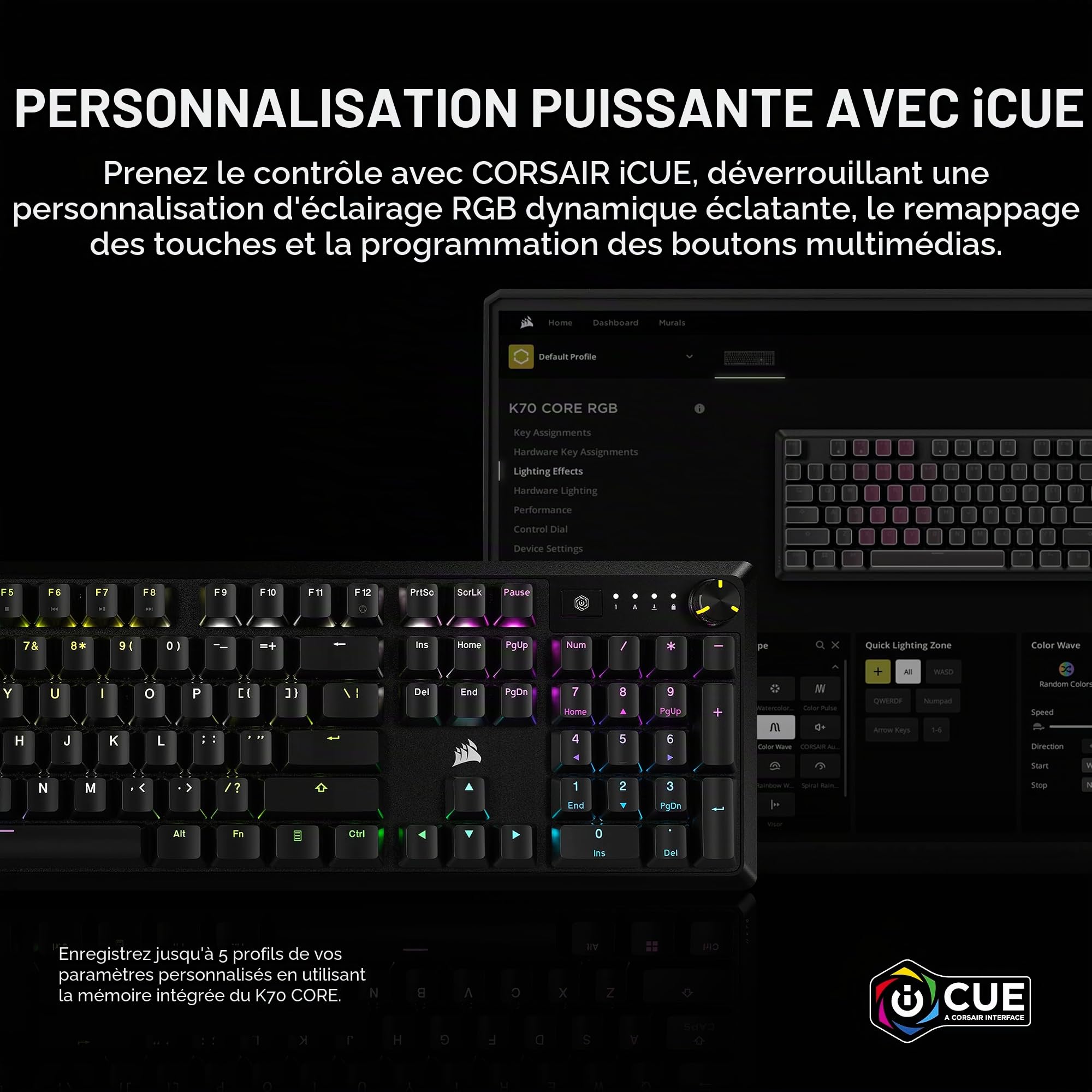 Corsair K70 Core RGB Clavier mécanique de Jeu - Interrupteurs linéaires Rouges MLX pré-lubrifiés - Amortissement sonore - Cadran de contrôle des médias - Compatible avec iCUE - Design QWERTY