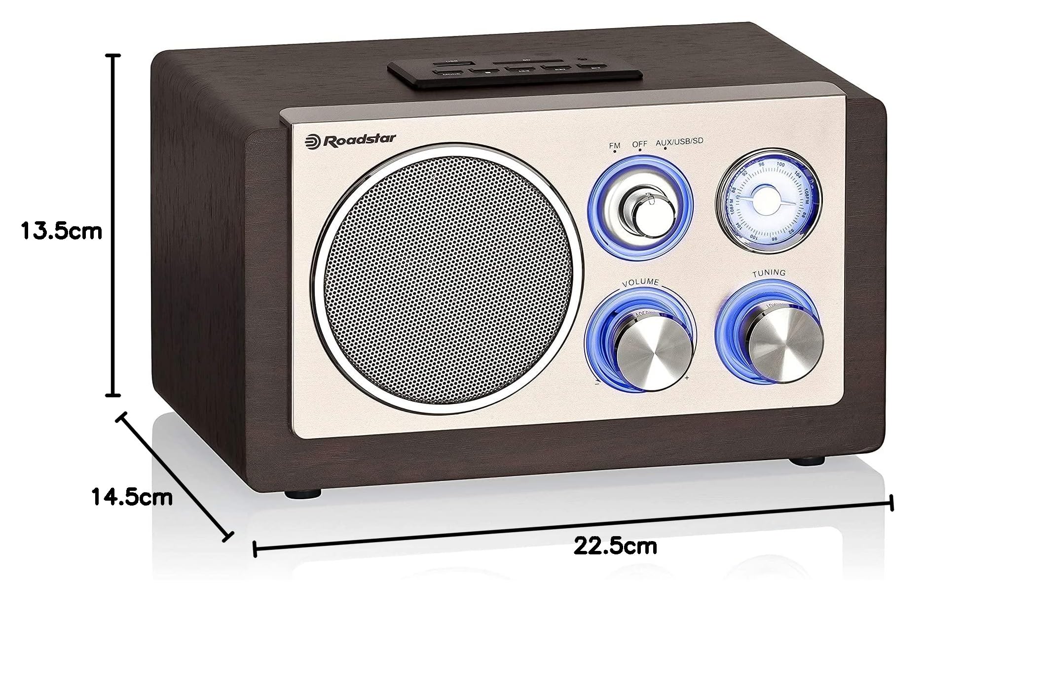 Roadstar HRA-1345NUSWD Vintage Radio FM Analoges, Tragbares, USB-Anschluss für MP3, SD-Kartenleser, 16W 1-Weg-Lautsprecher, Kompaktes Retro-Radio für Haus und Küche, LED-Beleuchtung, Holz