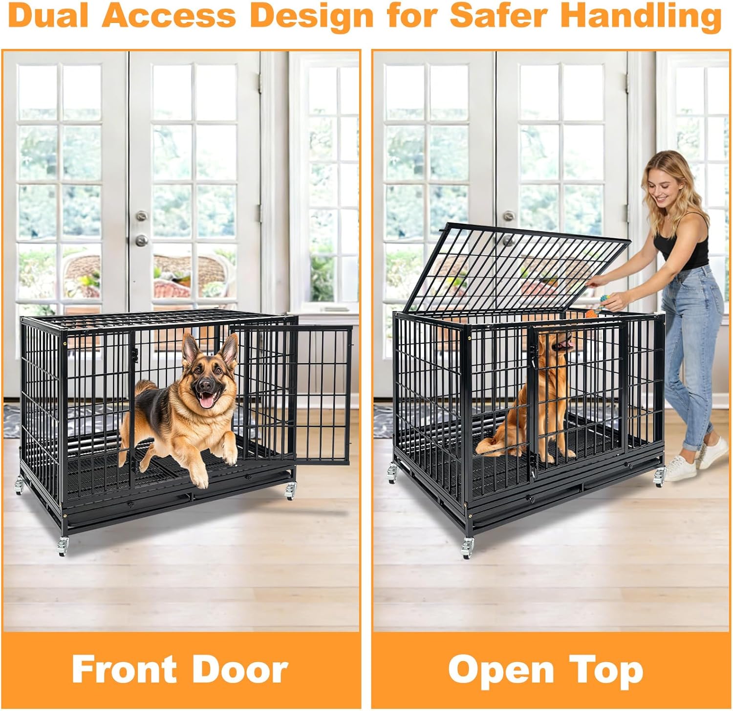 Homey Pet Heavy Duty Dog Crates for Large Dogs, 47 Inch Stackable Large Dog Crate Cage with 4 Wheels, 2 Removable Trays and Grids, 2 Bowls, Multi Locks Strong & Solid Escape Proof Dogs Kennel Indoor