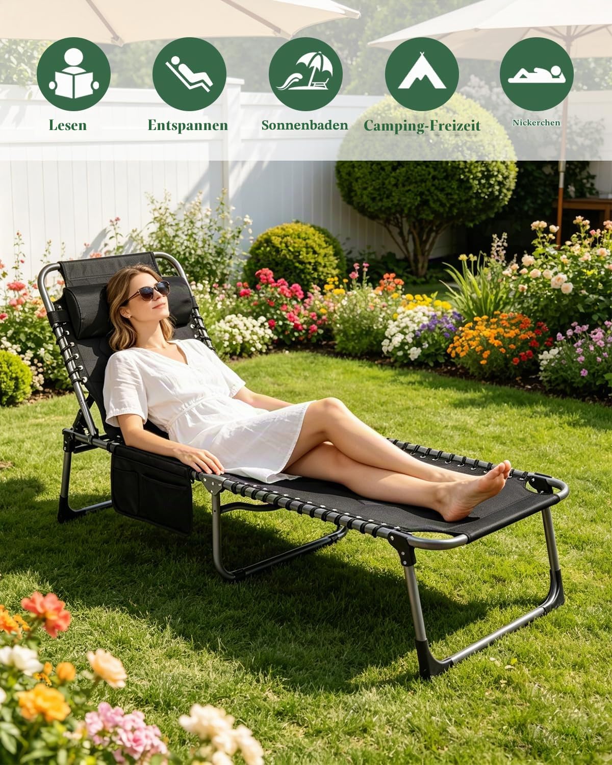 Sonnenliege Klappbar, Gartenliege mit 5-Fach Verstellbarer Rückenlehne, Strandliege Faltbar Bis 150kg, Liegestuhl mit Kopfkissen & Seitentasche, Campingliege, für Garten, Strand, Outdoor (Schwarz)