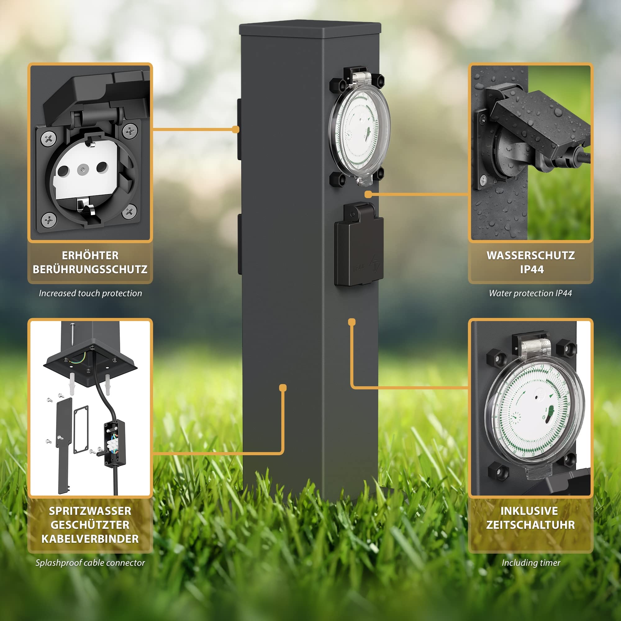 ledscom.de 3X Garten-Steckdosen-Säule Polly mit Erdspieß für außen, IP44, 3-Fach mit Timer/Zeitschaltuhr, anthrazit, eckig, 38cm