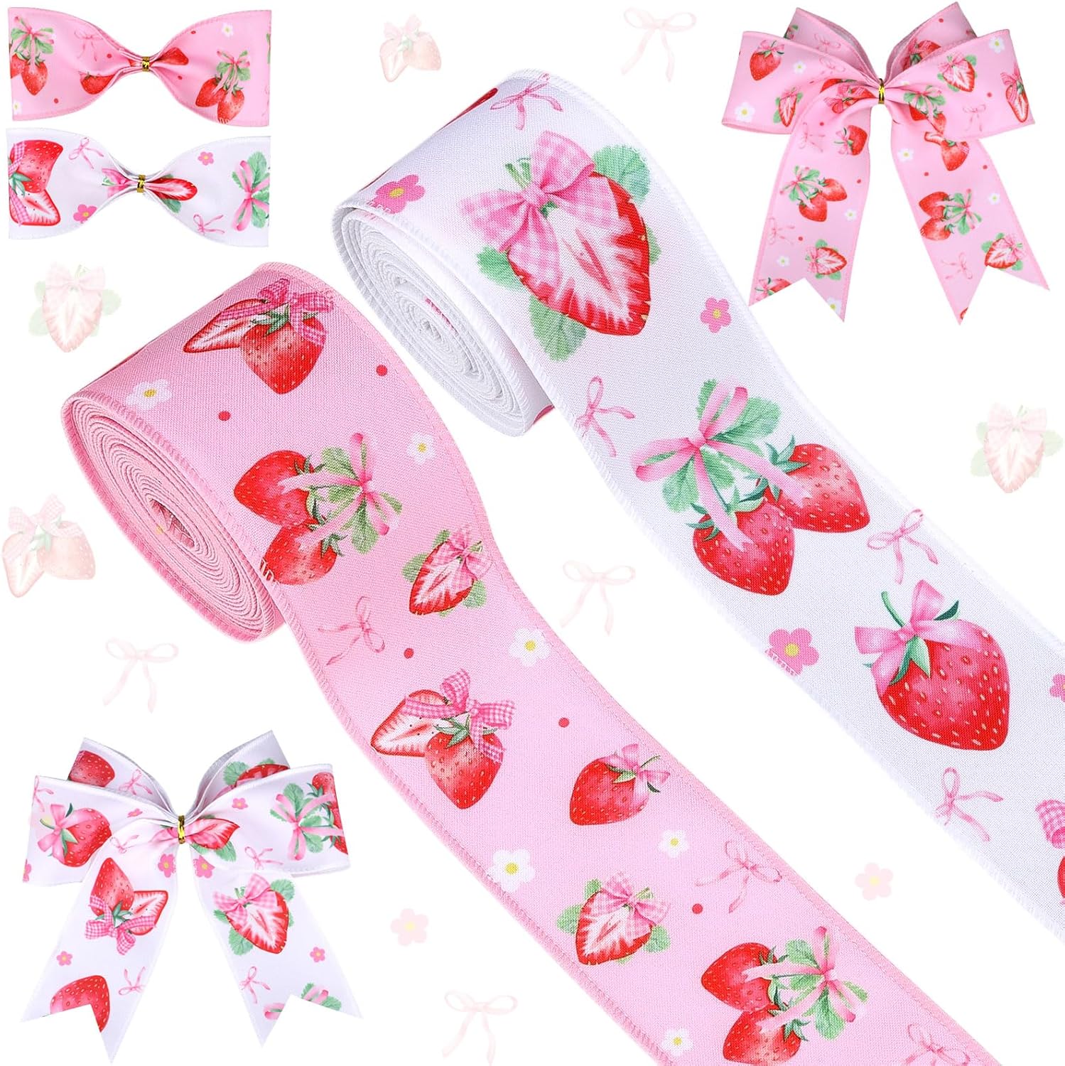 Serencatcher Strawberry Bow Wired Ribbon 2 Rolls 10 Yards, Pink Bow Strawberry Fabric Ribbon 2.5 Inch Summer Fruit Ribbon for Gift Wrapping Wreaths Bows DIY Crafts Birthday Party Decorations