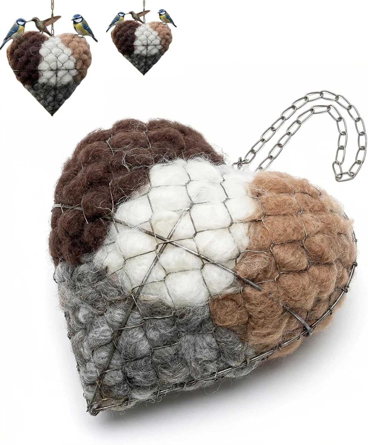 Handmade Alpaca Fiber Bird Nesting Heart - Winter Shelter for Wild Birds & Hummingbirds, Garden Art Nesting Material Holder, Outdoor Birdhouse Gift for Bird Lovers (2PCS)