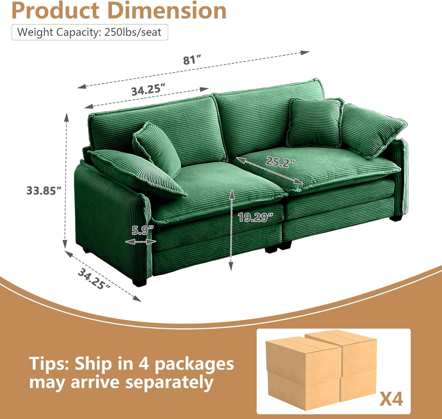 Aoowow 2 Pieces Modular Sectional Sofa Set of Loveseat Couch,Modern Corduroy Comfy Cloud Deep Seat Couches Set with 4 Throw Pillows and 4 Arm Pillows for Living Room Apartment(Green)