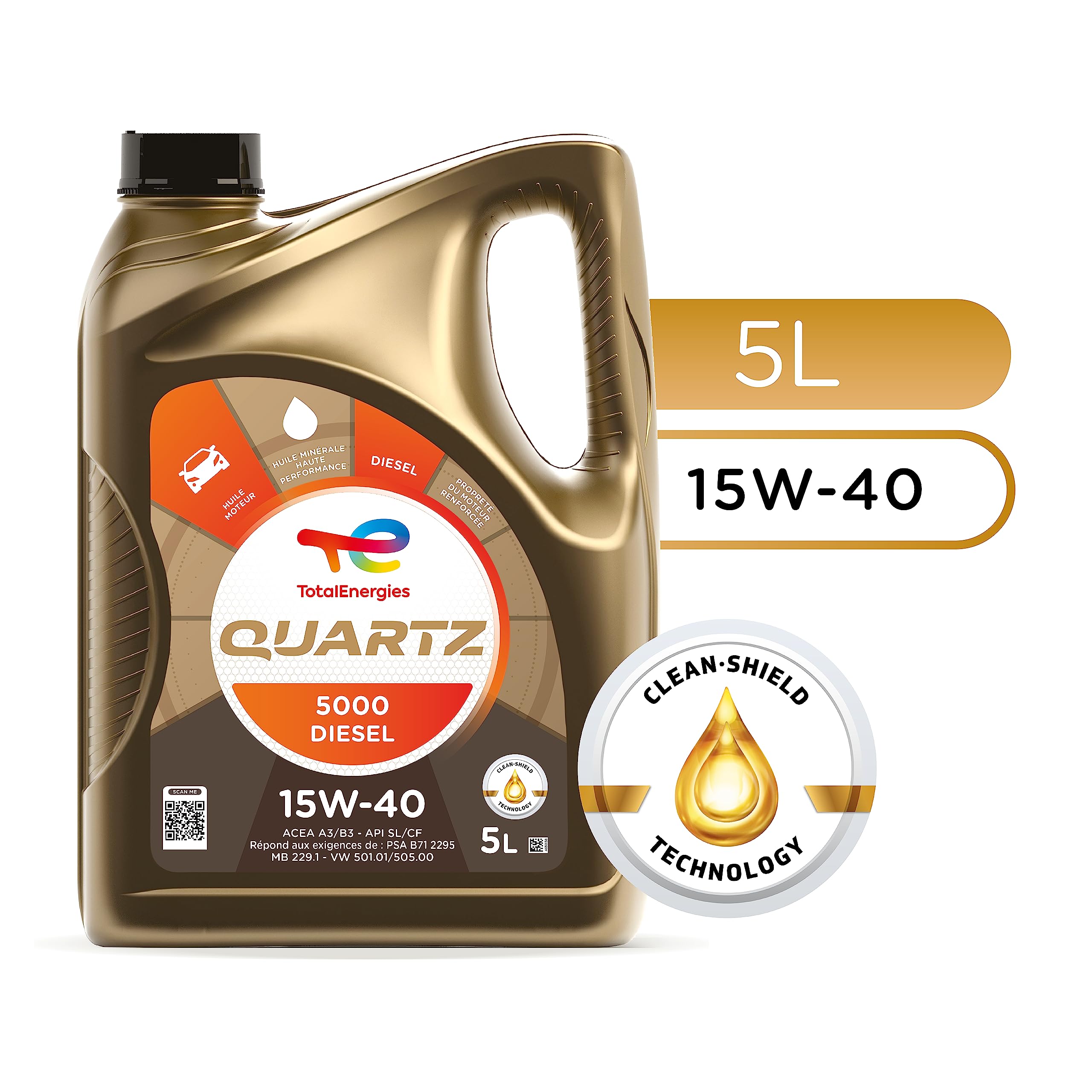 TotalEnergies Quartz 5000 Diesel 15W-40, Huile moteur, 5 litres