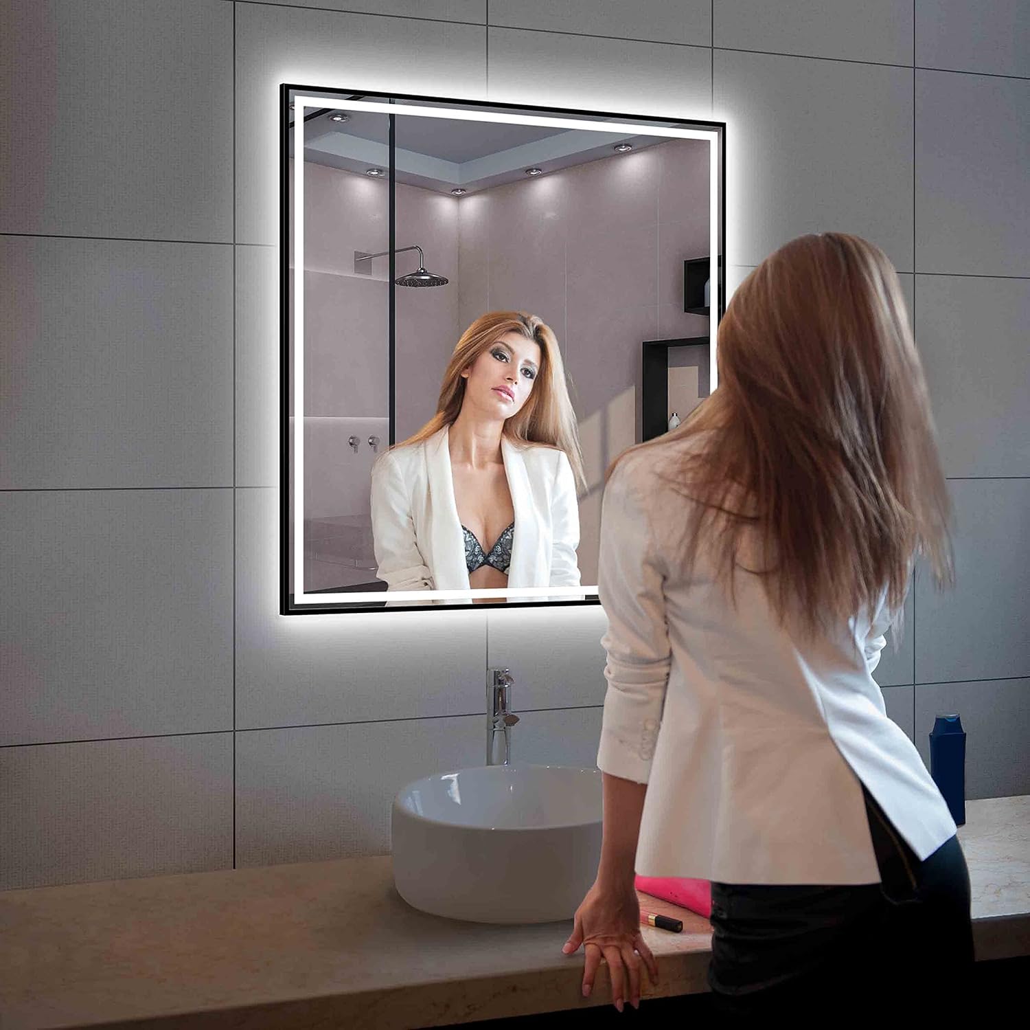 36x36 Inch LED Bathroom Mirror with Matte Black Frame| Wall Mounted Backlit Vanity Mirror with Lights | Anti-Fog, 3 Color Dimmable Smart Bathroom LED Mirror | Frame Vanity Mirror for Makeup