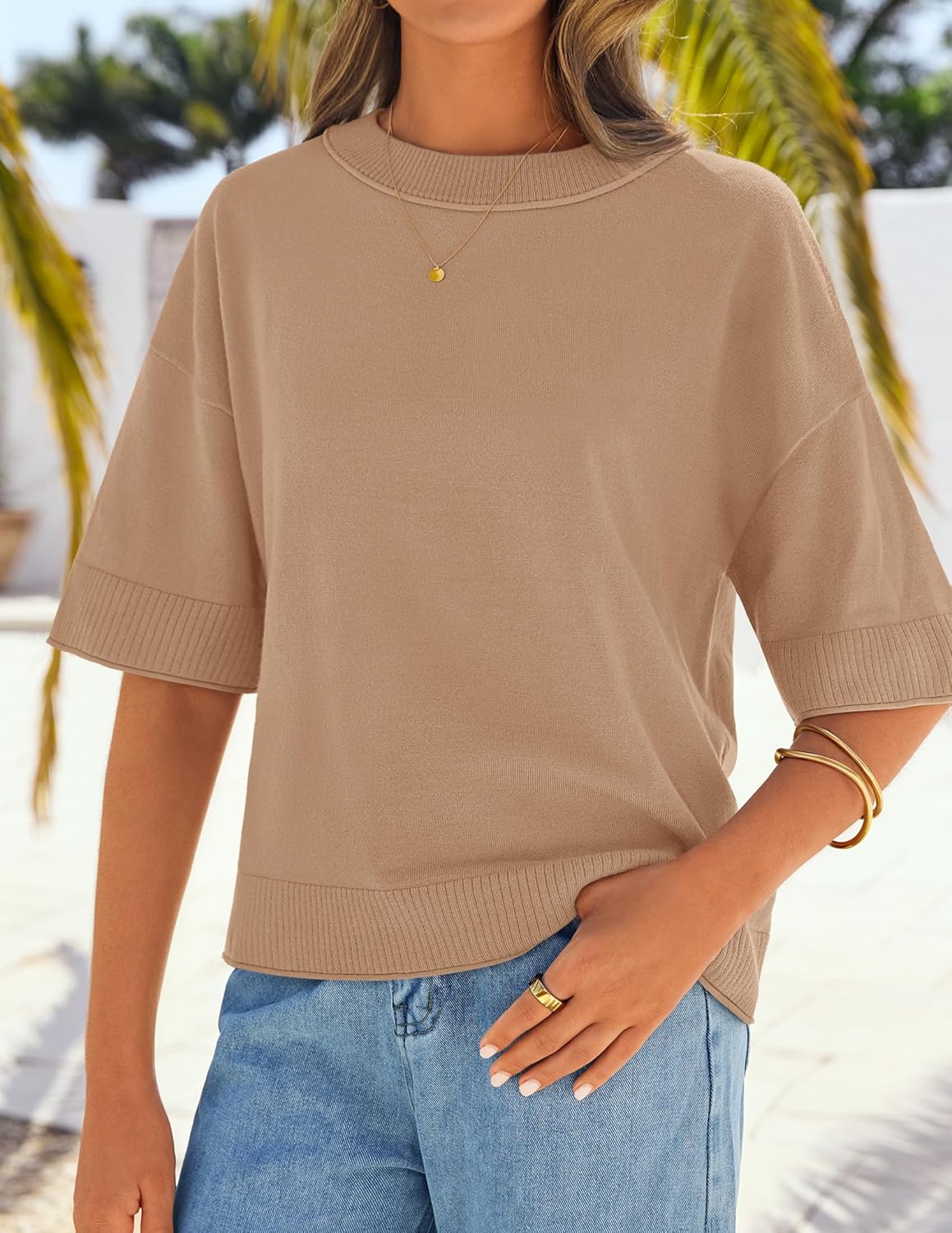 ZESICA Women's Casual Short Sleeve Sweaters 2026 Summer Oversized Crewneck Soft Knit Cropped Tops Trendy Outfits - Image 5