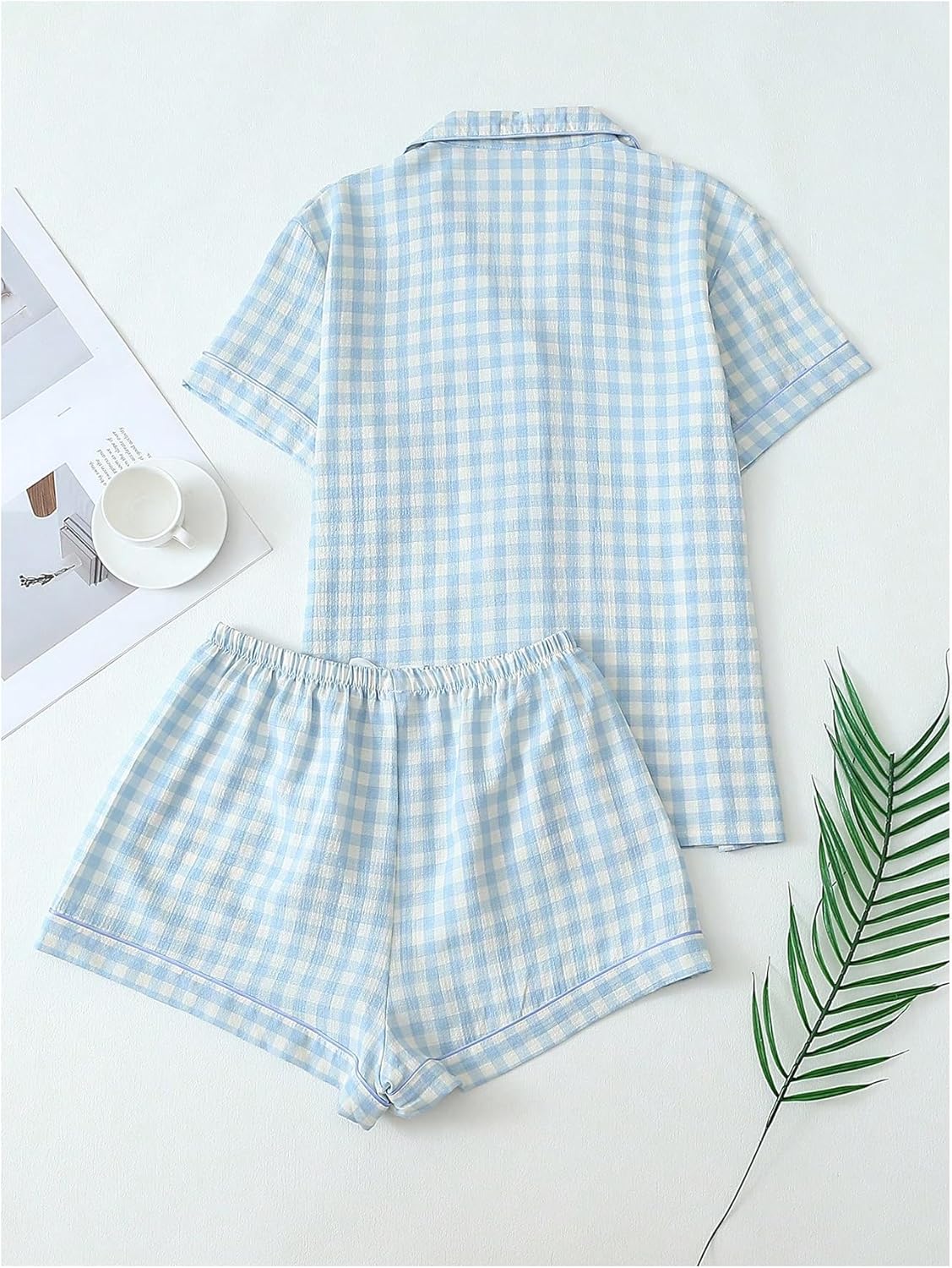 Verdusa Women's Plaid 2 Piece Cute Pajama Sets Short Sleeve Button Down Shirts with Shorts Loungewear - Image 2