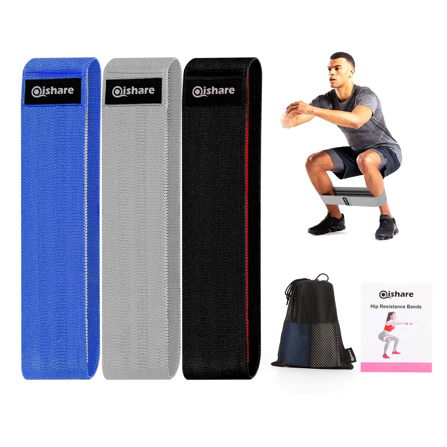 Qishare 3 Pieces Fabric Resistance Bands for Legs and Butt, Upgraded 3 Different Levels Non-Slip Booty Hip Bands for Men and Women Weight Loss, Home Fitness (Blue, Gray, Black, M)