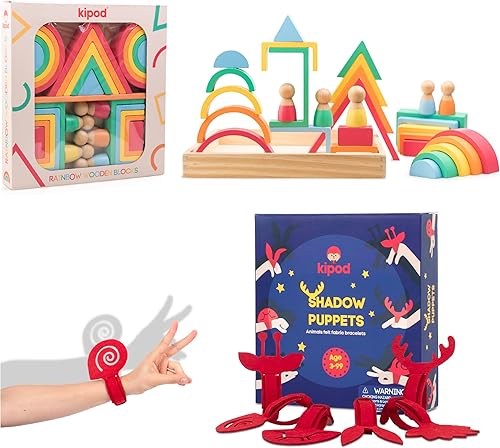 kipod Paquete de imaginación Montessori - Juego de pulseras de madera con diseño de arcoíris y marionetas de sombra de manos, juego creativo para el