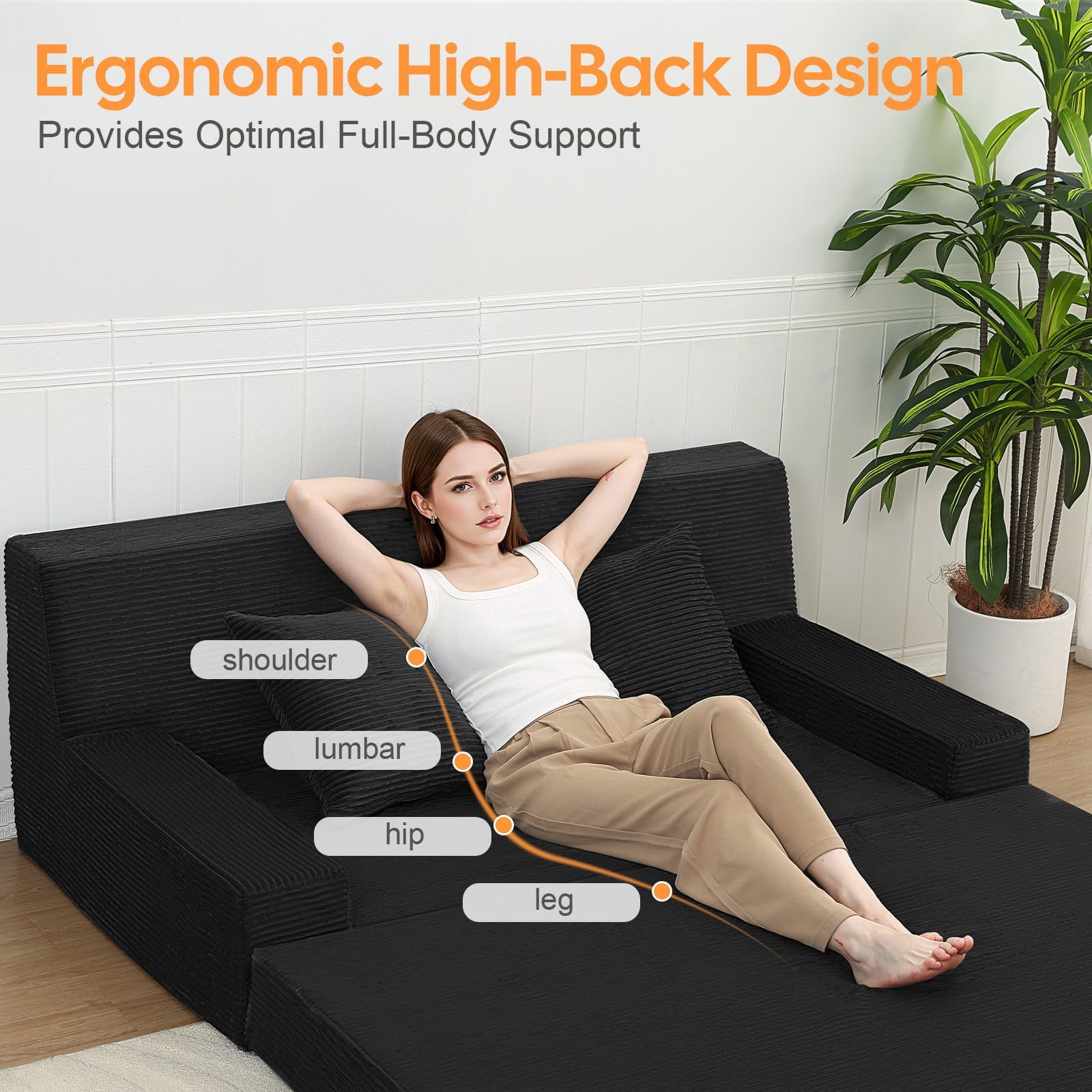MeMoreCool 59" Boneless Couch Bed, Loveseat Futon Sofa, Small Space, Black | 59 in loveseat, opens to a 59 x 71 in bed - 9 in shorter than a queen; corduroy cover, 700 lb